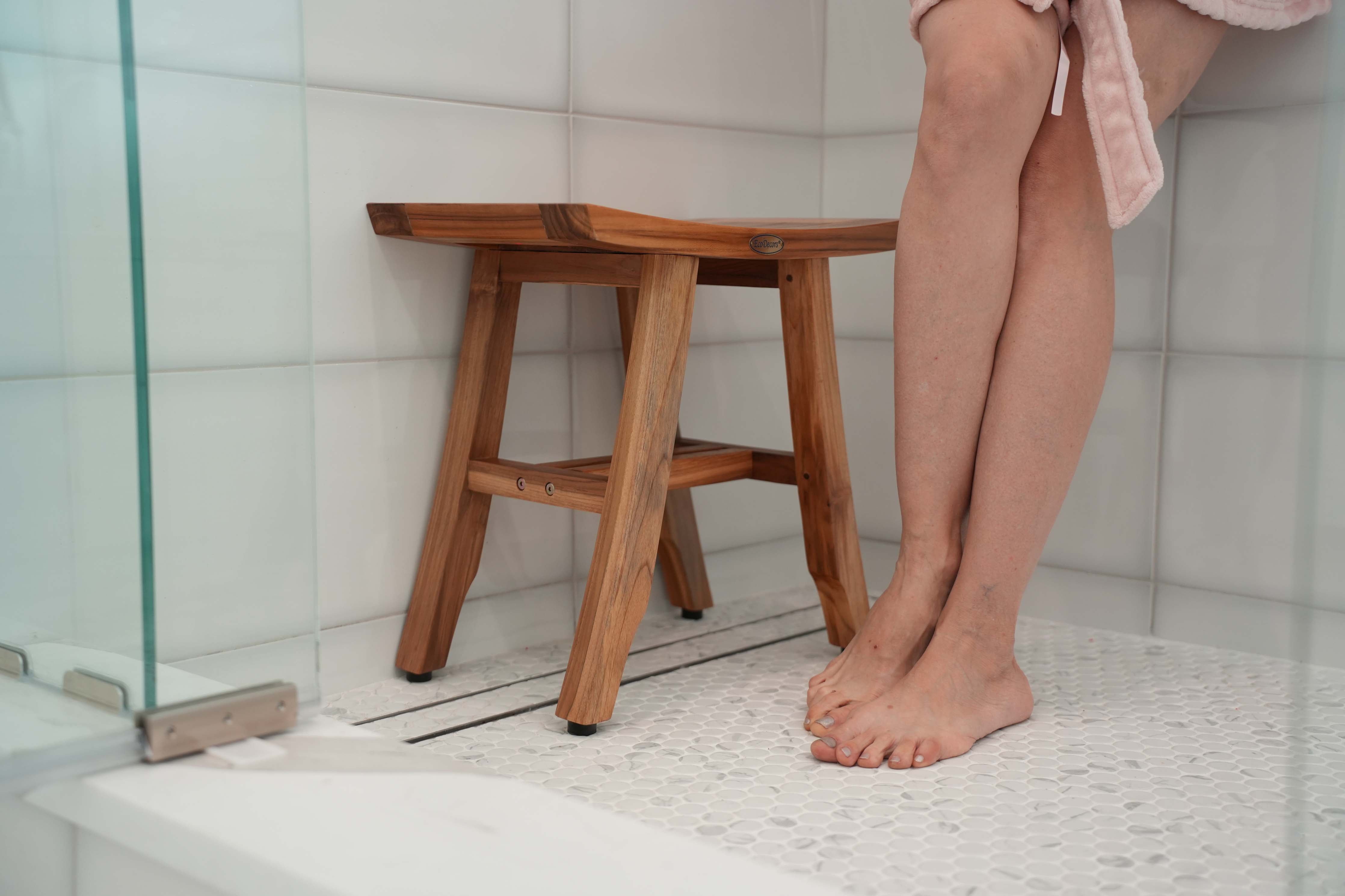 EcoDecors® Satori® 18" Teak Wood Shower Bench in EarthyTeak Finish, Fully Assembled, Compact Bath Seat for Indoor & Outdoor Use