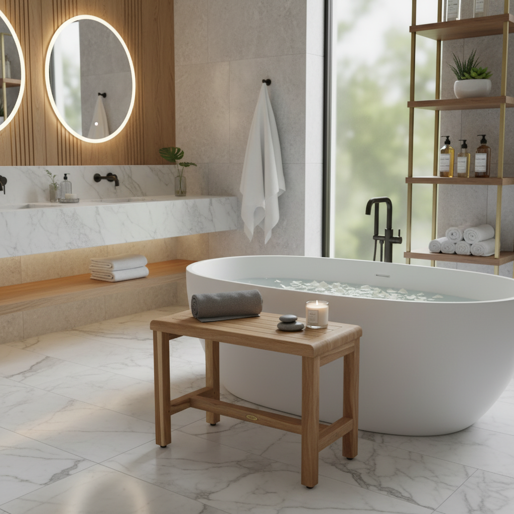 EcoDecors® Eleganto® 24" Teak Wood Shower Bench in EarthyTeak Finish