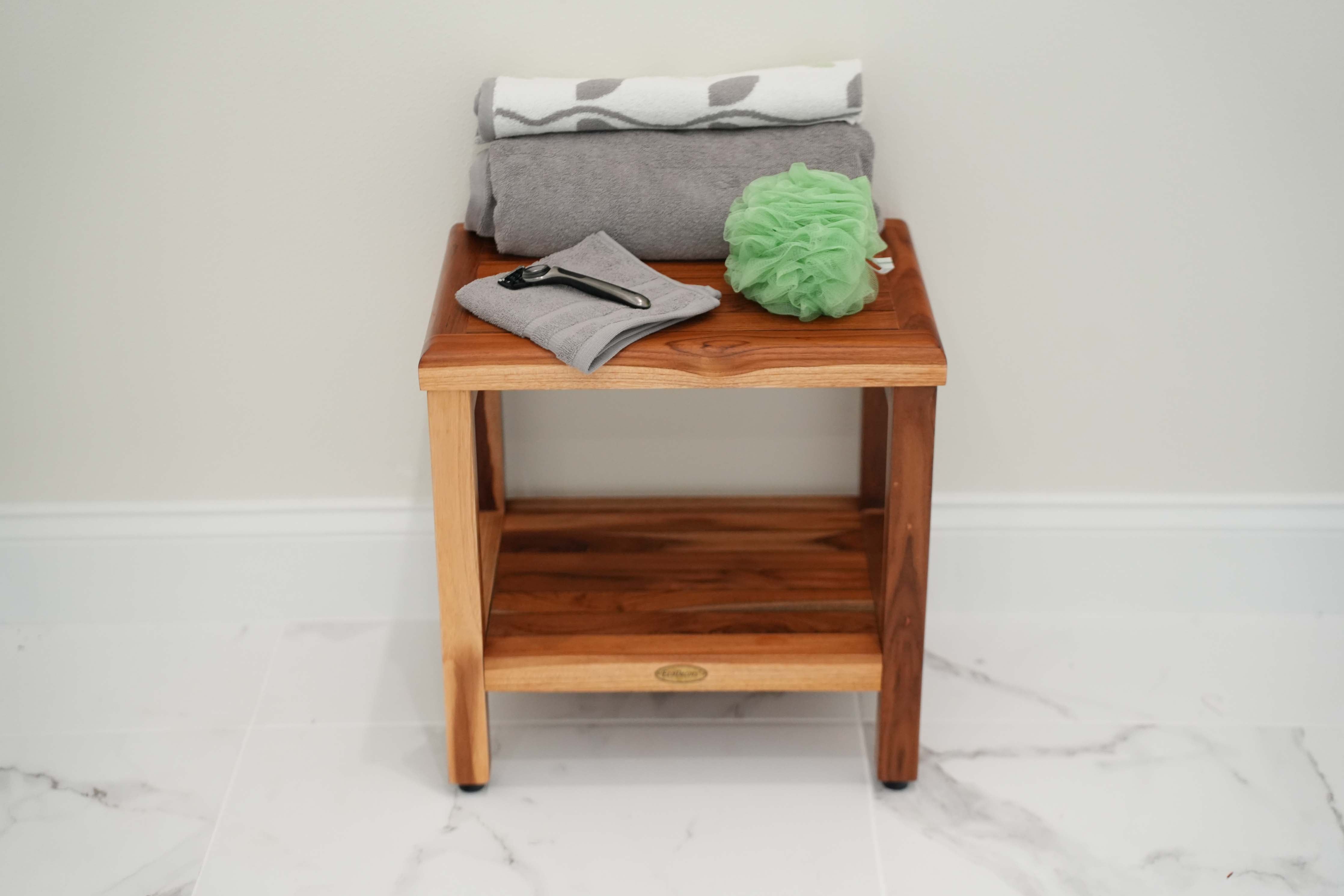 EcoDecors® Eleganto® 18" Teak Wood Shower Bench with Shelf in EarthyTeak Finish