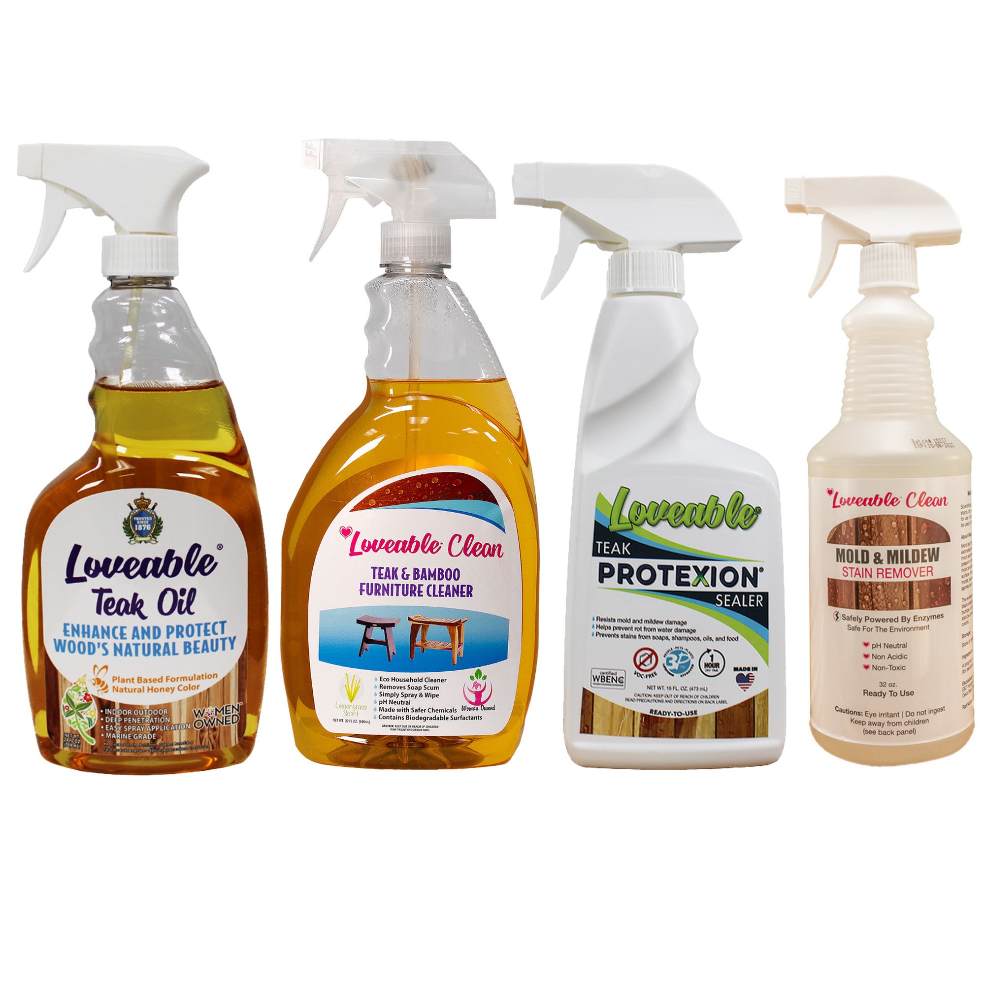 EcoDecors Complete Teak Care Bundle - 24oz Teak oil, 32oz Cleaner, 16oz Protexion, and 32oz Stain Remover