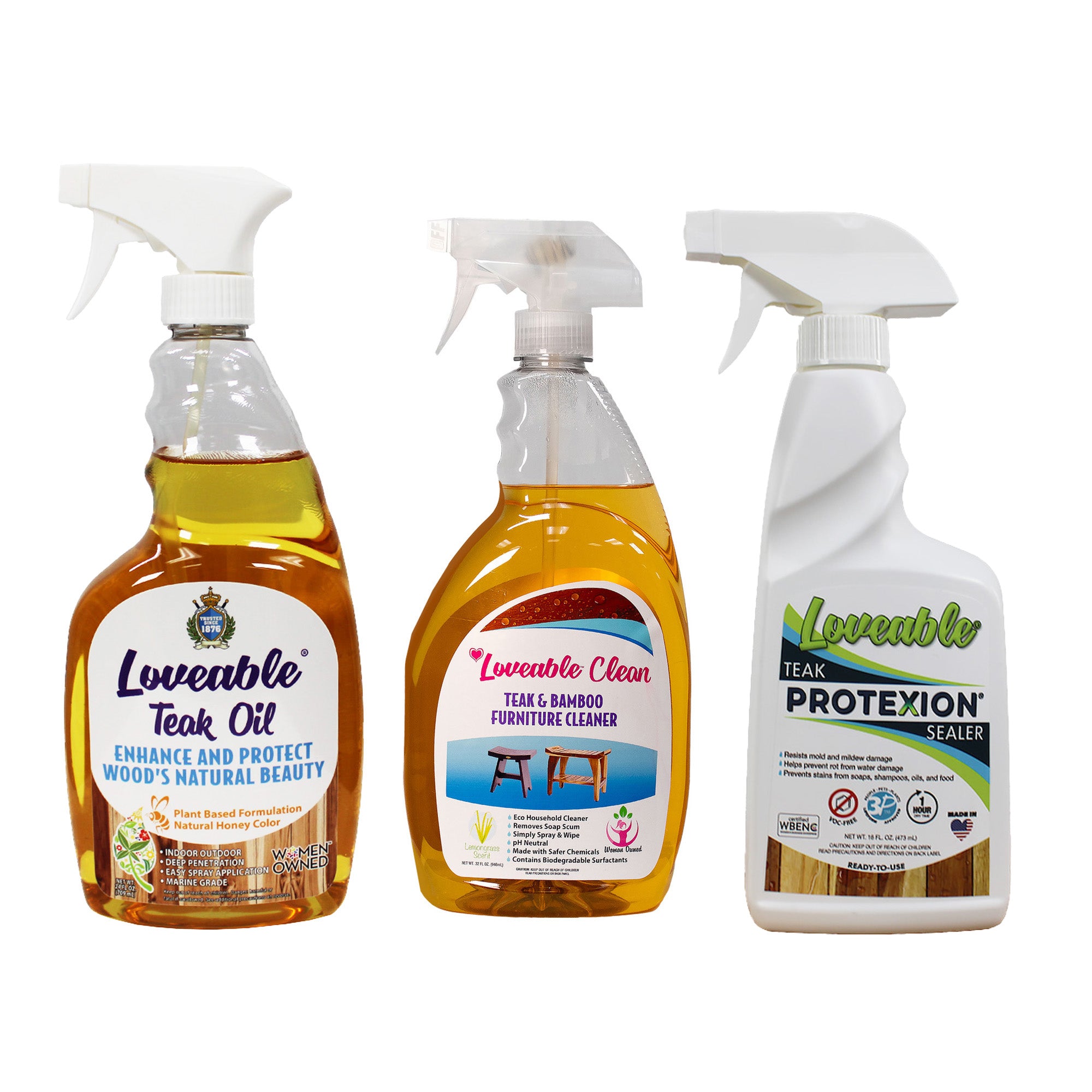 EcoDecors Protective Bundle – Loveable Teak Conditioning Oil, Teak Furniture Cleaner, and Protexion Teak Sealer Spray Bottle