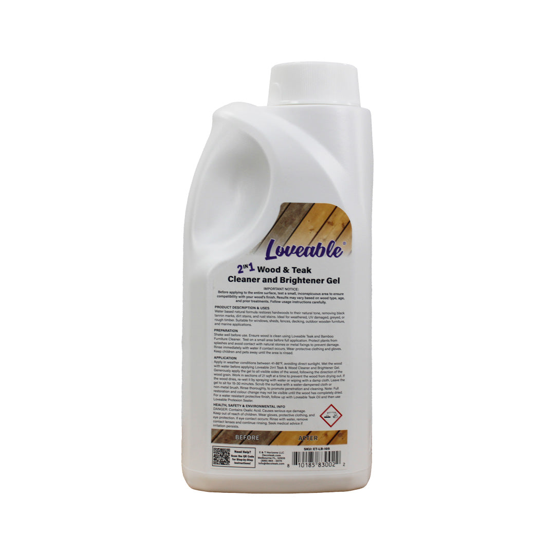 EcoDecors Loveable 2 in 1 Wood & Teak Cleaner and Brightener Gel, 1 L, for Outdoor Use, Cleans, Renews, and Refreshes Outdoor Wood - 2 Pack
