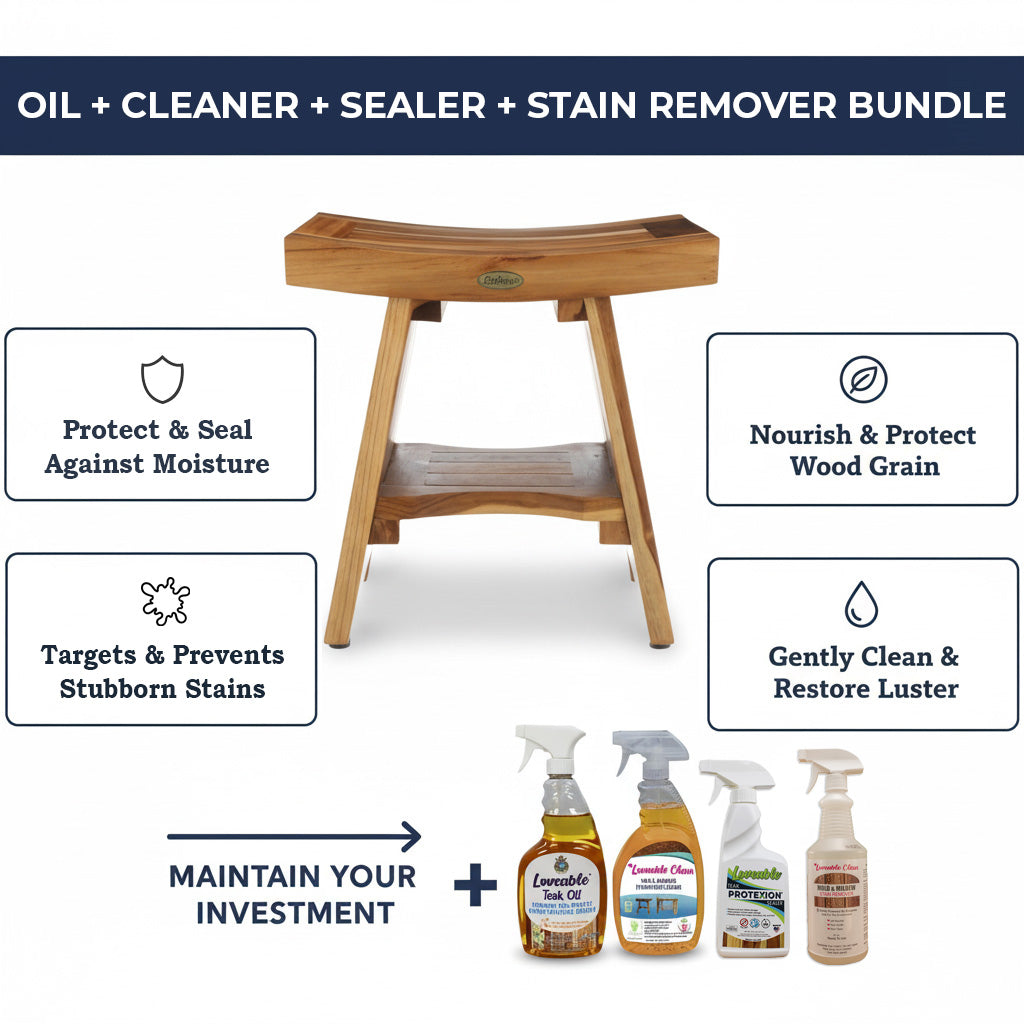 EcoDecors Serenity 18" Teak Wood Shower Bench, Fully Assembled | 4 Pack Teak Care Bundle