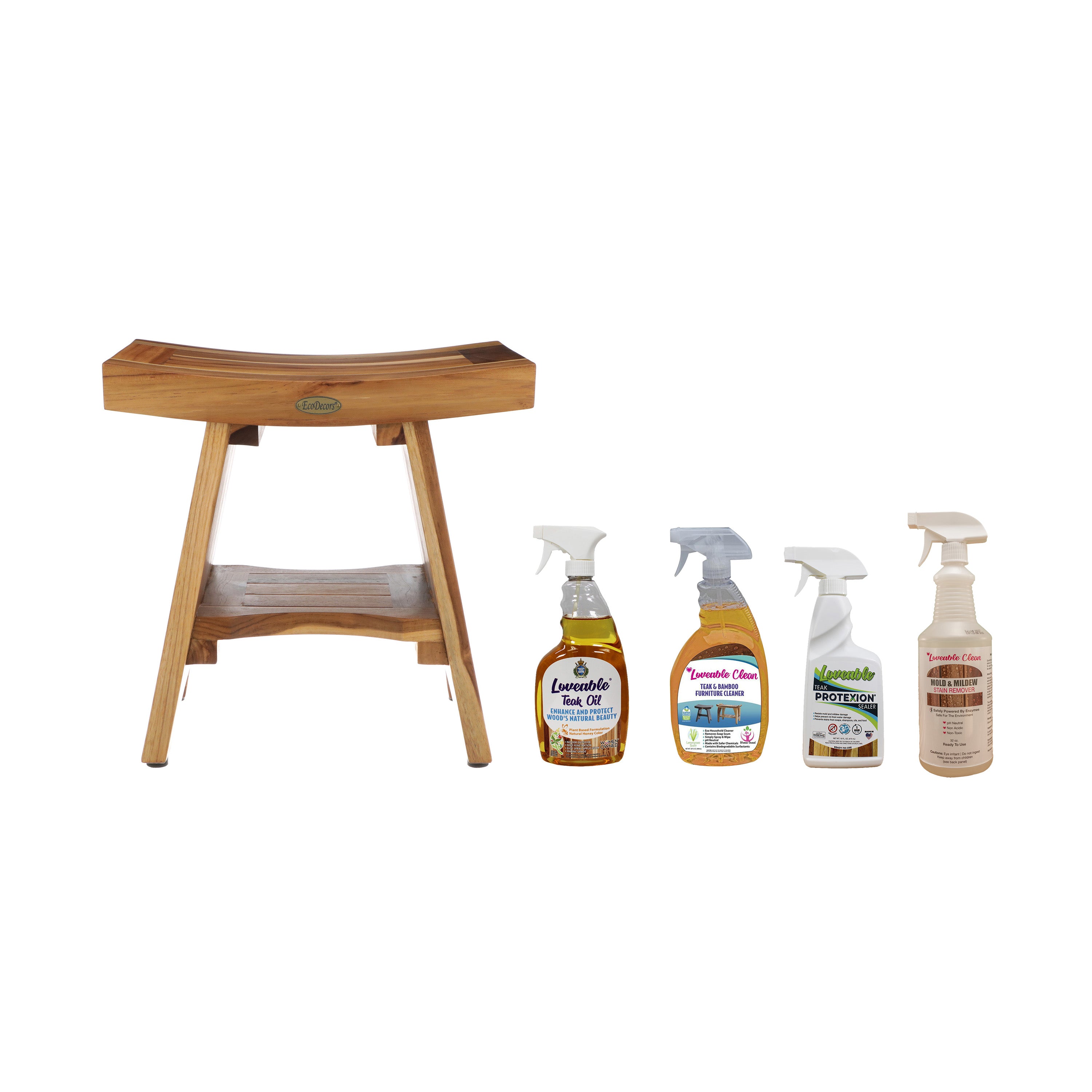 EcoDecors Serenity 18" Teak Wood Shower Bench, Fully Assembled | 4 Pack Teak Care Bundle