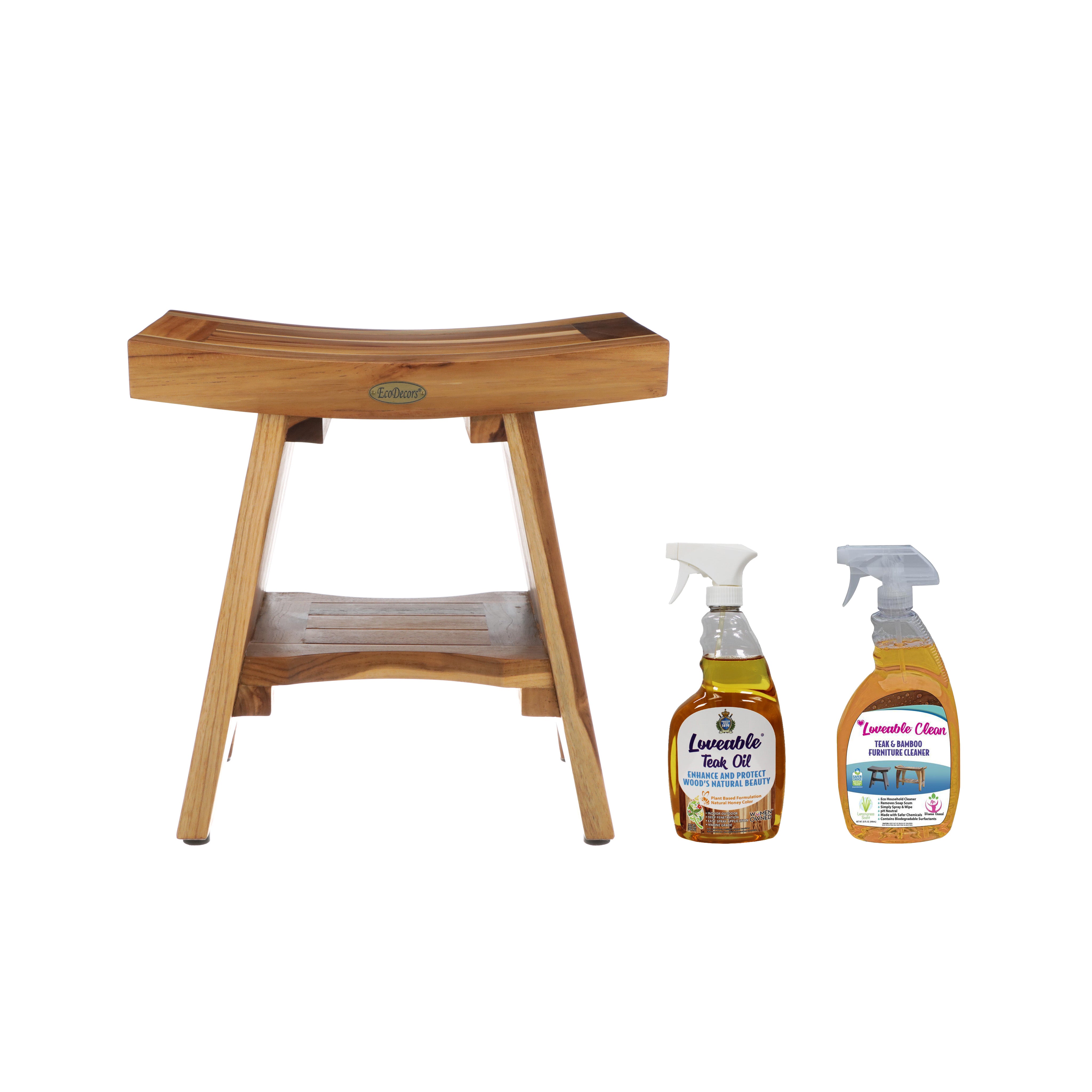 EcoDecors Serenity 18" Teak Wood Shower Bench, Fully Assembled | 2 Pack Teak Care Bundle