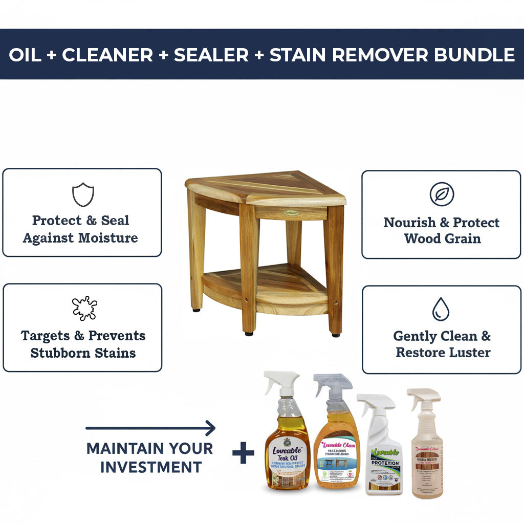 EcoDecors SnazzyCorner 18" Teak Shower Bench, 300 lb Capacity, Fully Assembled + Loveable 4 Pack Care Bundle