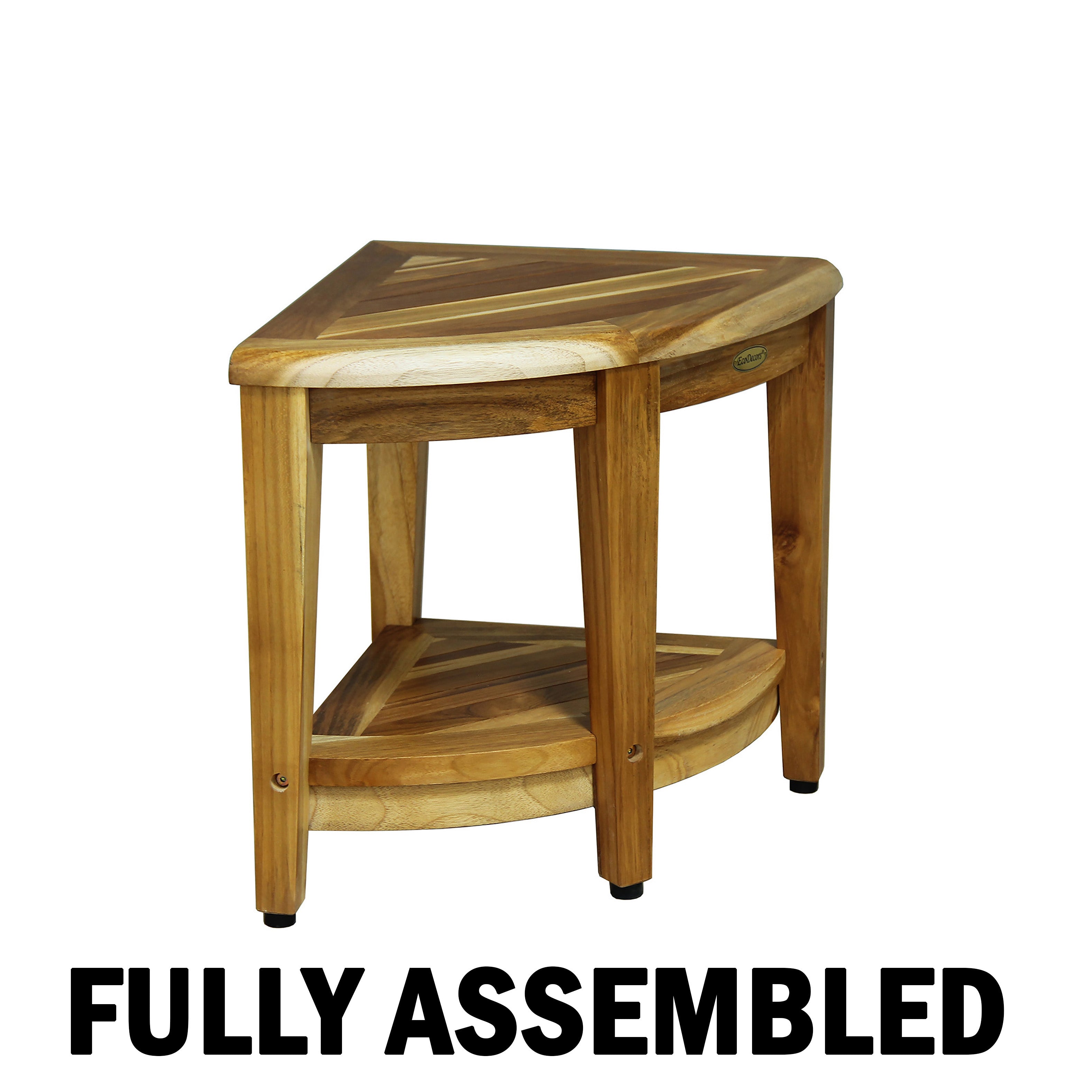 EcoDecors® SnazzyCorner® 18" H Wide Teak Wood Corner Shower Bench with Shelf in EarthyTeak Finish, Fully Assembled, 300LB Capacity