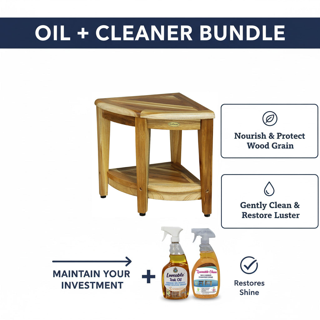 EcoDecors SnazzyCorner 18" Teak Shower Bench, 300 lb Capacity, Fully Assembled + Loveable 2 Pack Care Bundle