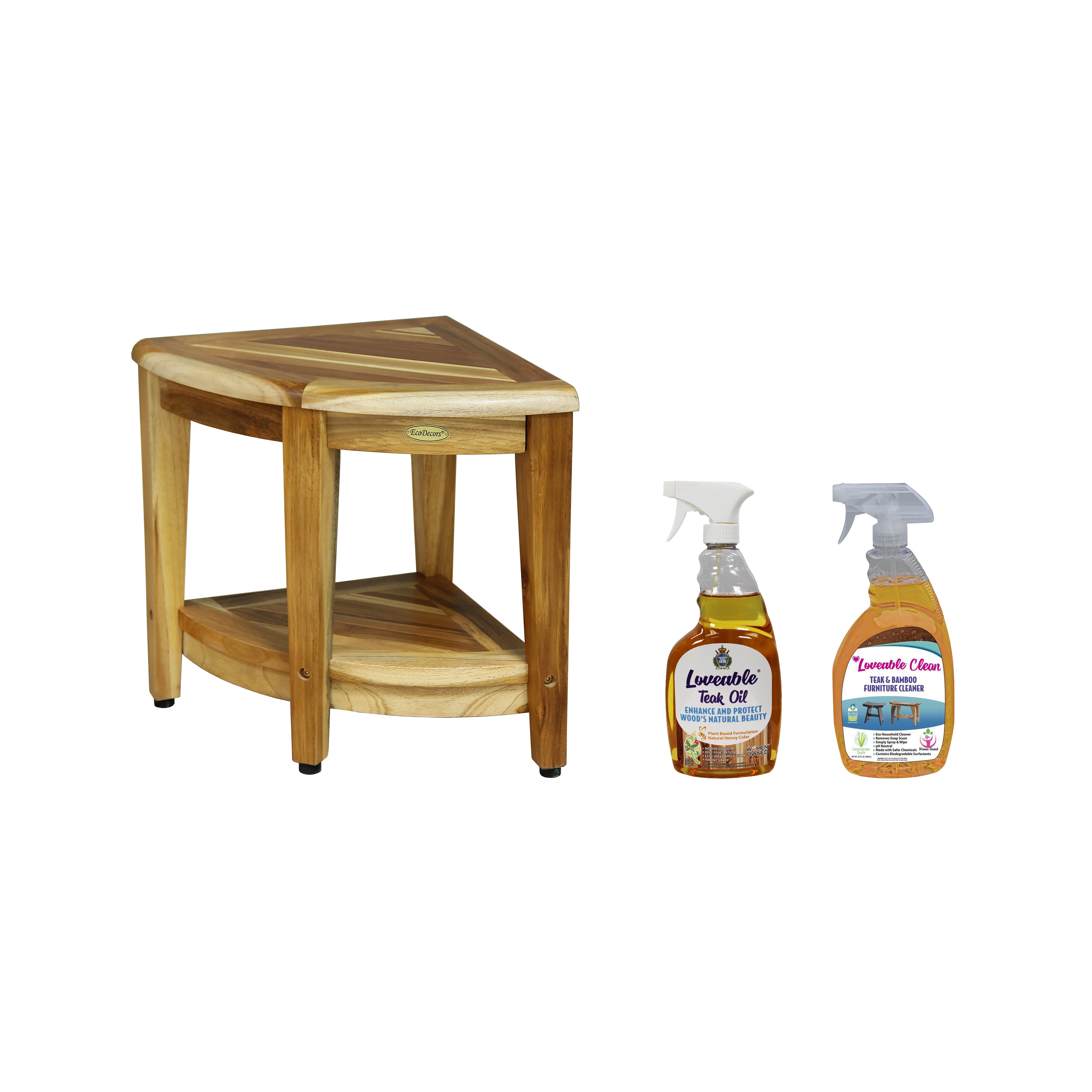 EcoDecors SnazzyCorner 18" Teak Shower Bench, 300 lb Capacity, Fully Assembled + Loveable 2 Pack Care Bundle