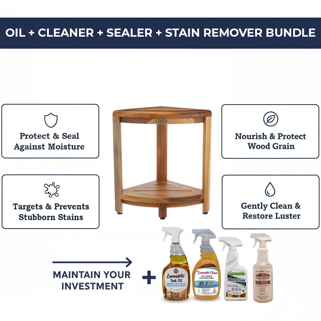 EcoDecors SnazzyCorner 18" Teak Wood Corner Shower Shelf, Fully Assembled | Loveable Four Pack Bundle