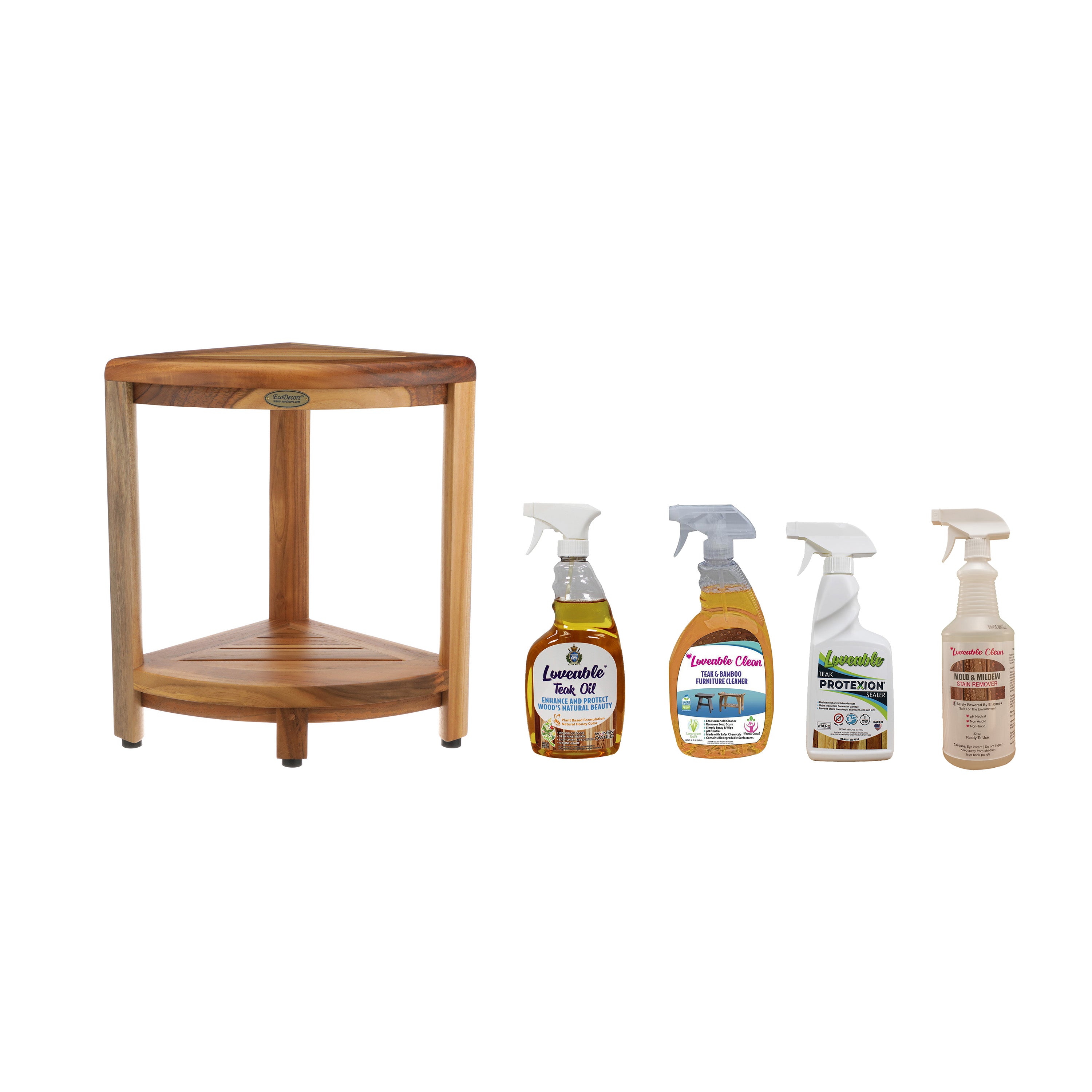 EcoDecors SnazzyCorner 18" Teak Wood Corner Shower Shelf, Fully Assembled | Loveable Four Pack Bundle