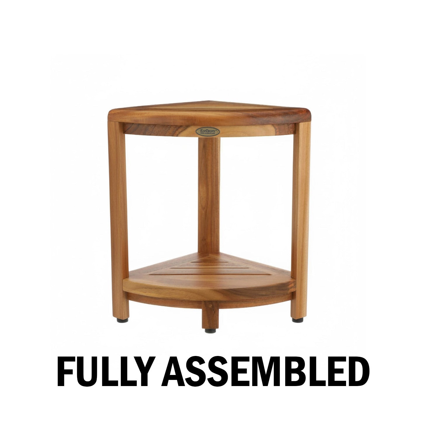 EcoDecors® SnazzyCorner® 18" Teak Wood Corner Shower Bench with Shelf in EarthyTeak Finish, Fully Assembled, Corner Seat for Bathroom & Outdoor Use