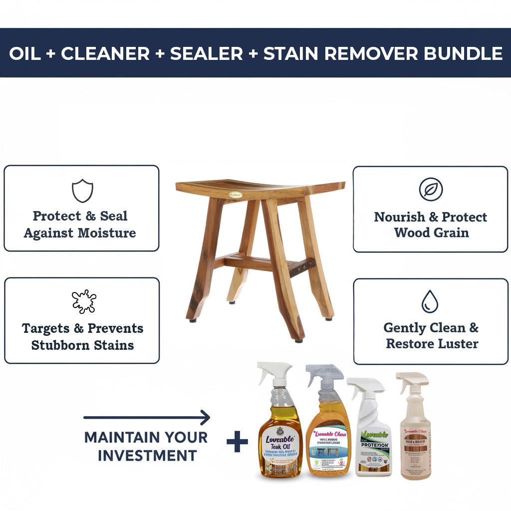 EcoDecors 18 Inch Satori Teak Shower Bench, Fully Assembled | Loveable 4 Pack Bundle