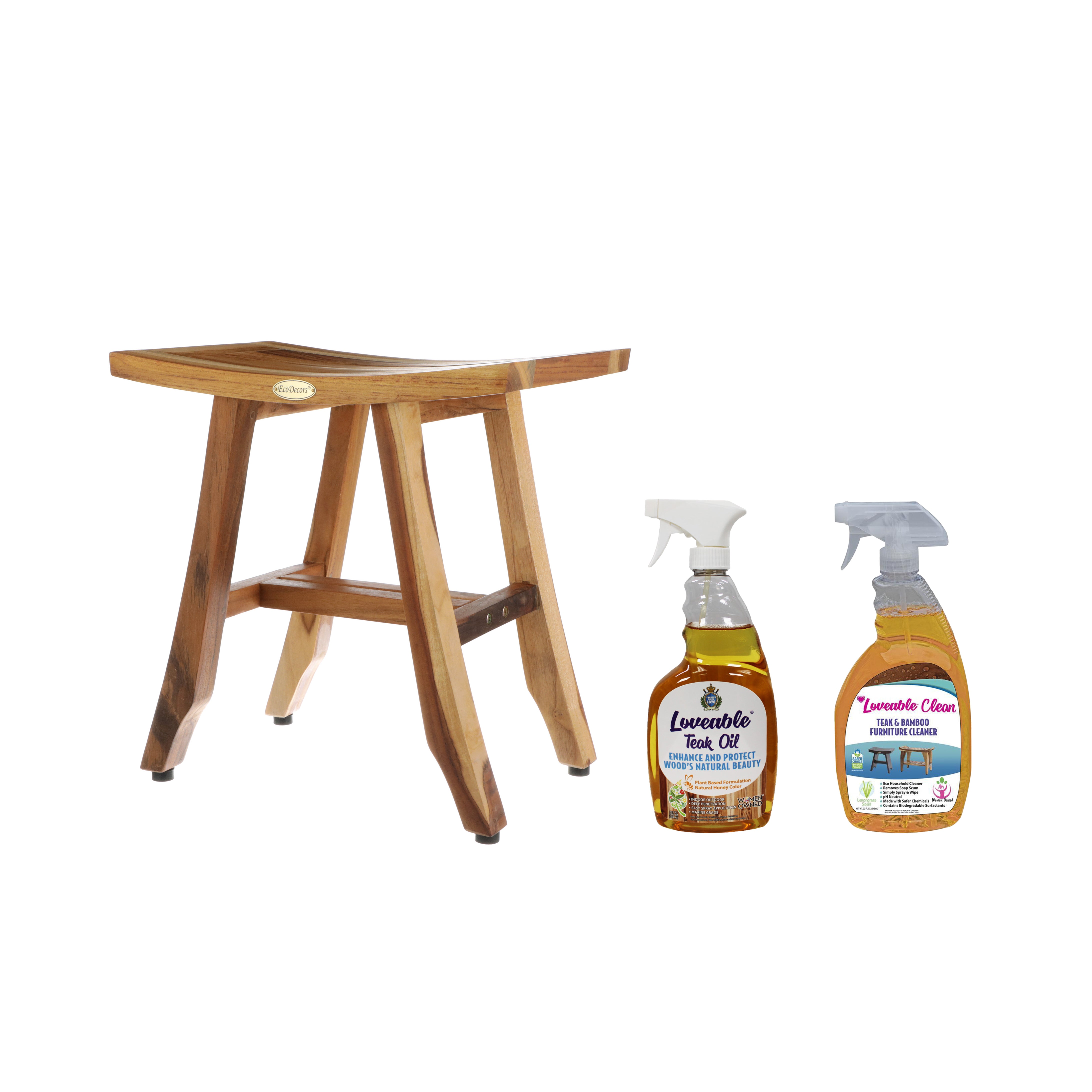 EcoDecors Satori Teak Wood Shower Bench, Fully Assembled, 18 Inch, EarthyTeak Finish + Loveable 2 Pack Bundle