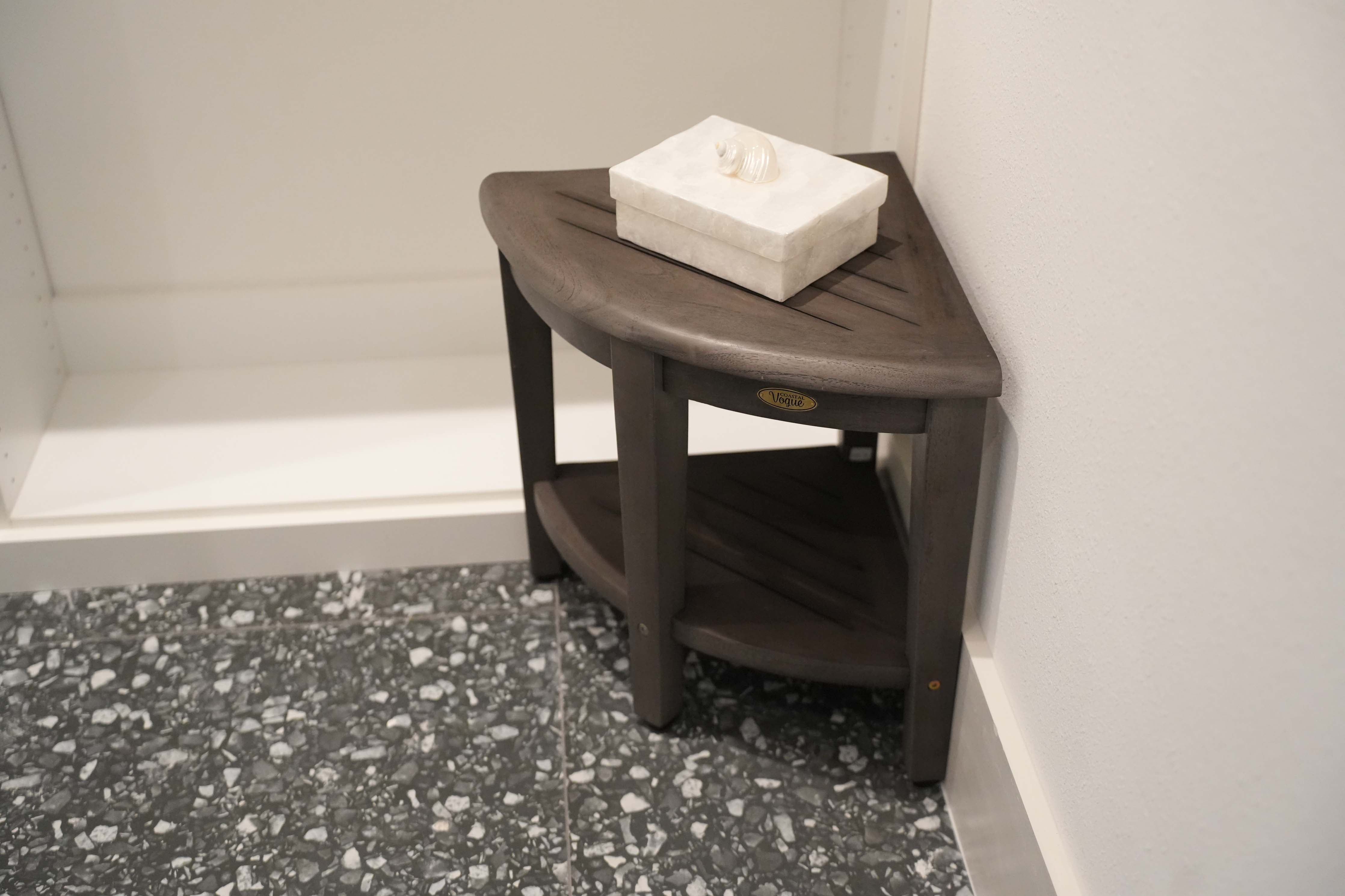 CoastalVogue® SnazzyCorner® Antique Gray 18"H Corner Shower Bench With Shelf