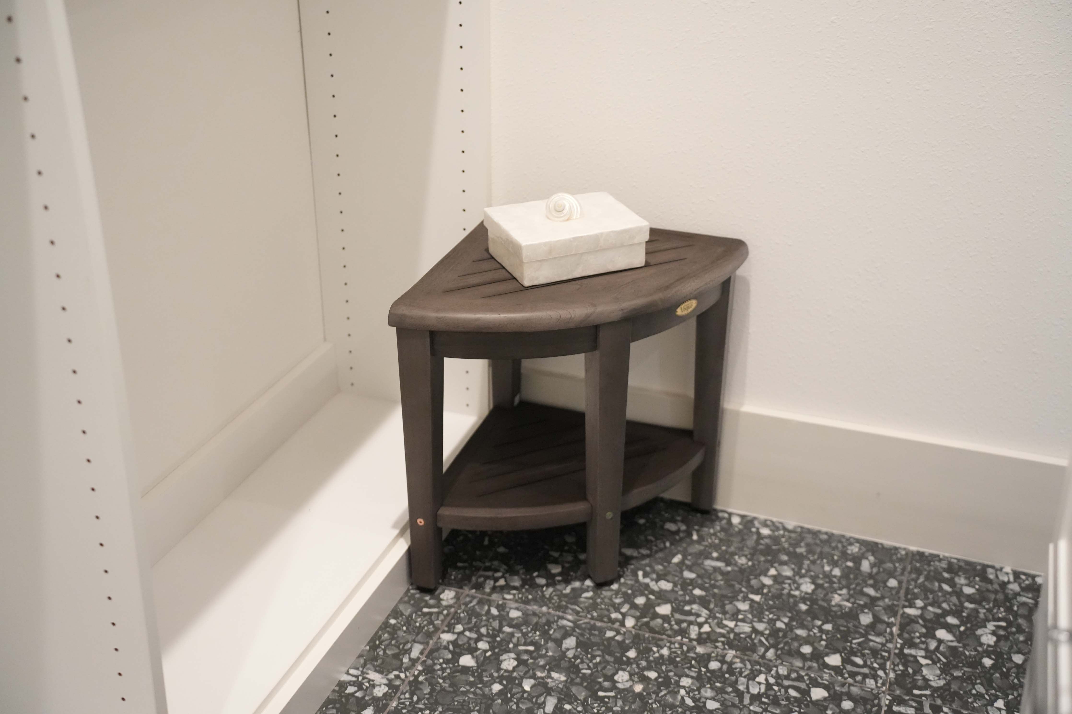 CoastalVogue® SnazzyCorner® Antique Gray 18"H Corner Shower Bench With Shelf