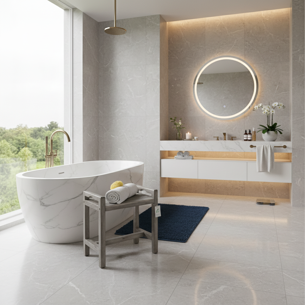 CoastalVogue Eleganto 20" Teak Wood Shower Bench with LiftAide Arms in Gray Driftwood Finish