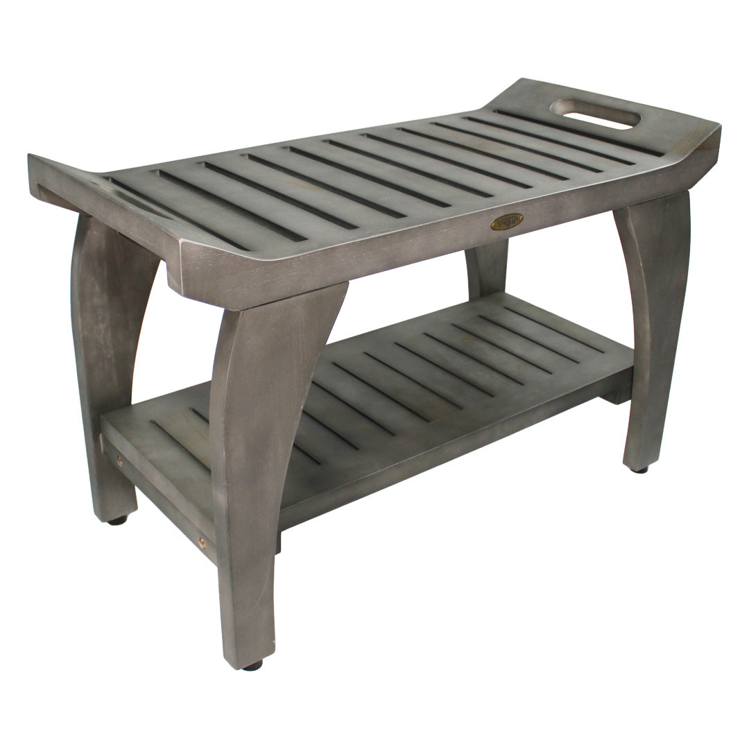 CoastalVogue® Tranquility® 30" Teak Wood Shower Bench with Shelf and LiftAide® Arms in Antique Gray Finish