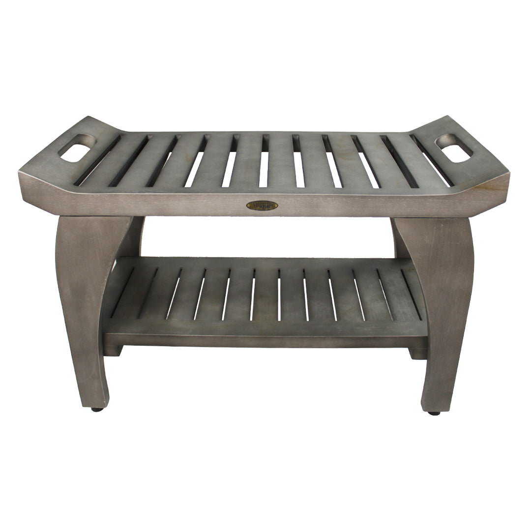 CoastalVogue® Tranquility® 30" Teak Wood Shower Bench with Shelf and LiftAide® Arms in Antique Gray Finish