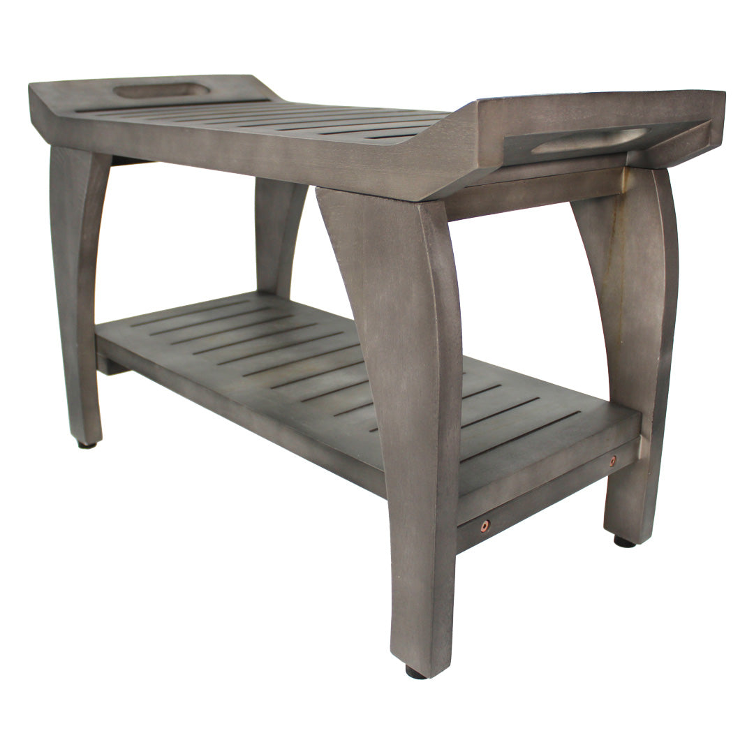 CoastalVogue® Tranquility® 30" Teak Wood Shower Bench with Shelf and LiftAide® Arms in Antique Gray Finish
