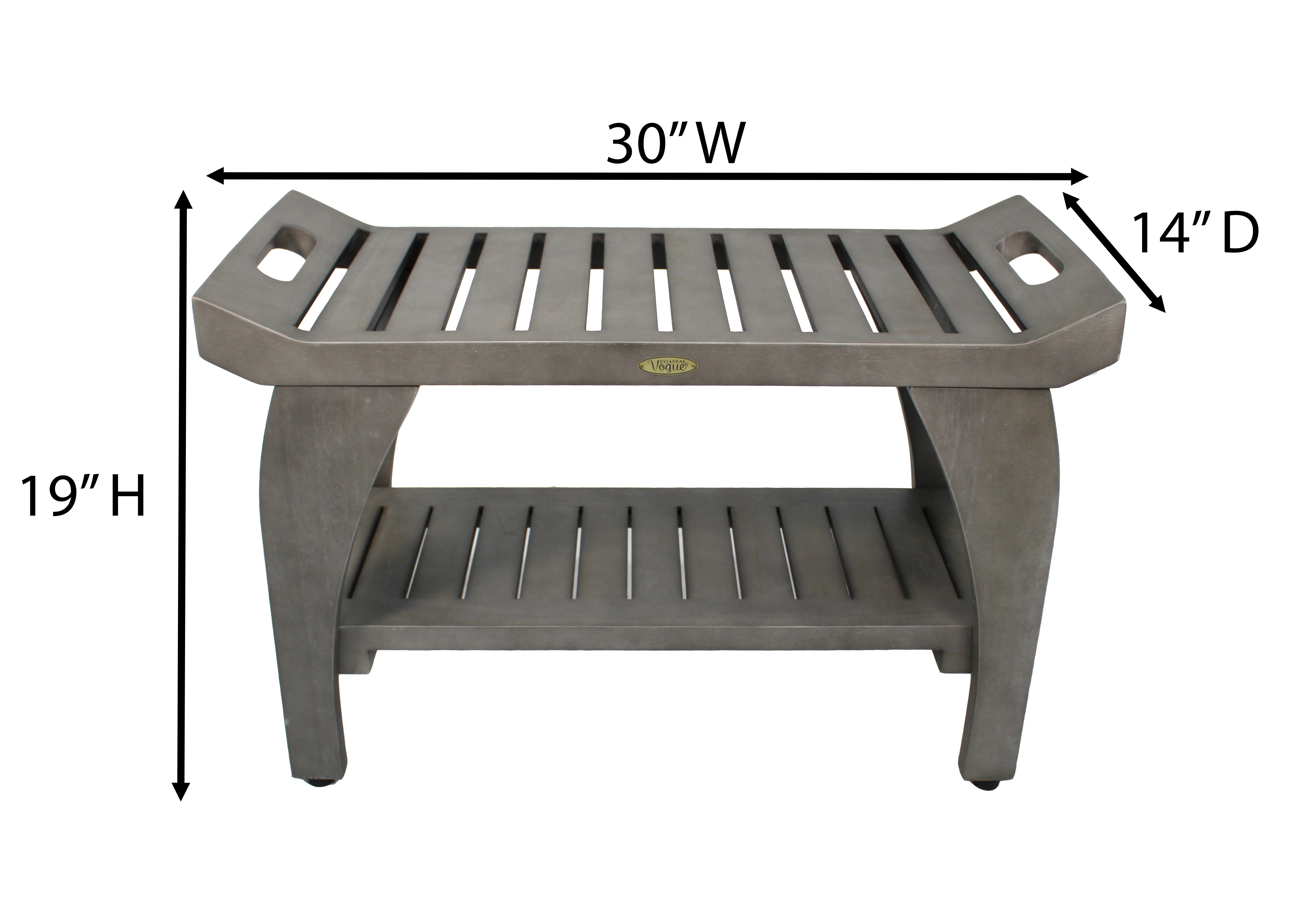 CoastalVogue® Tranquility® 30" Teak Wood Shower Bench with Shelf and LiftAide® Arms in Antique Gray Finish