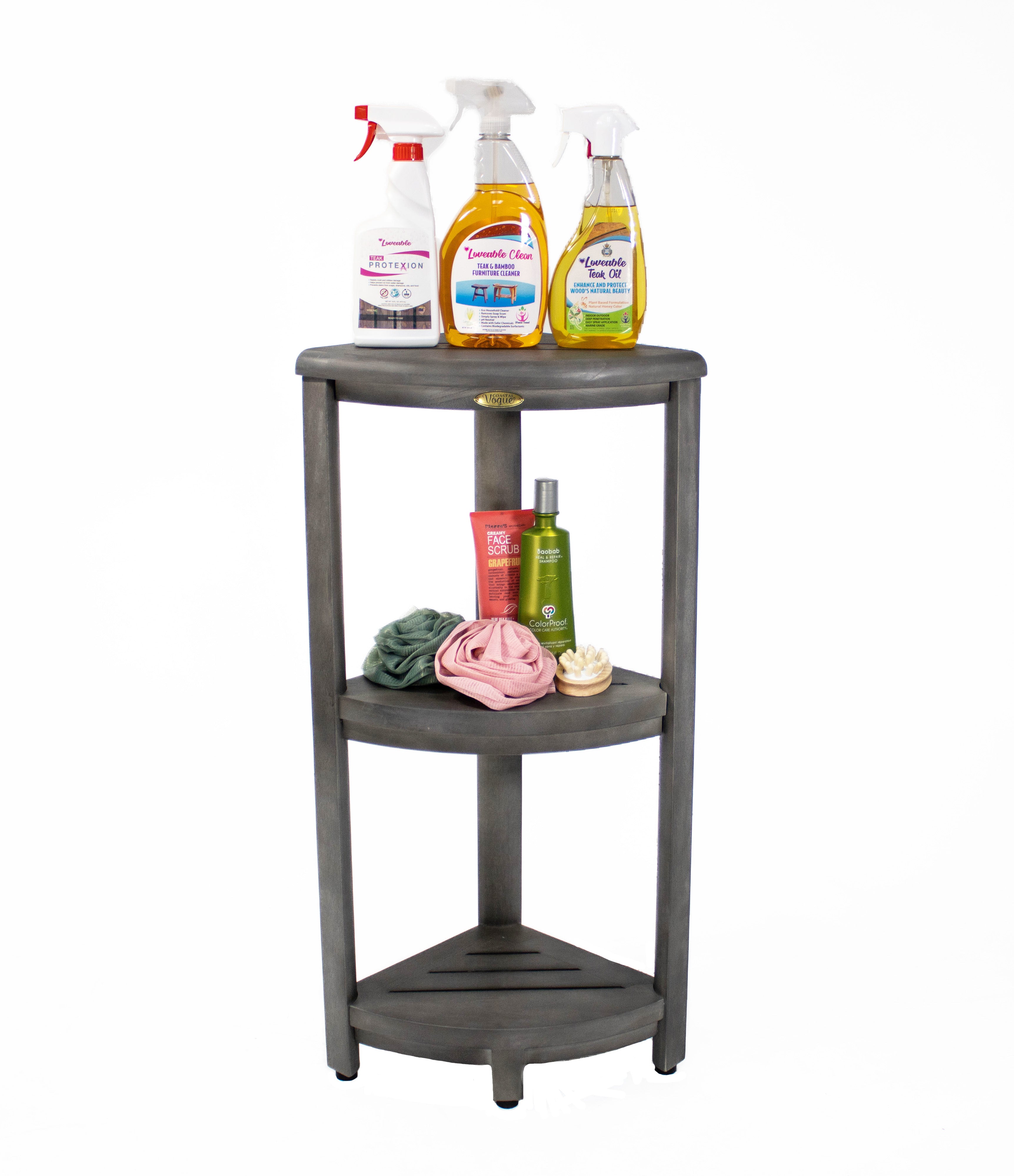 SnazzyCorner® 32" Teak Wood 3-Tier Corner Shelf in Antique Gray Finish