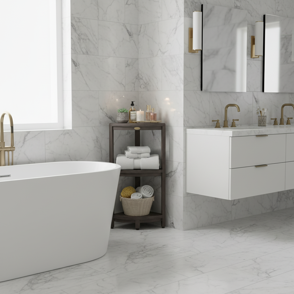 SnazzyCorner® 32" Teak Wood 3-Tier Corner Shelf in Antique Gray Finish