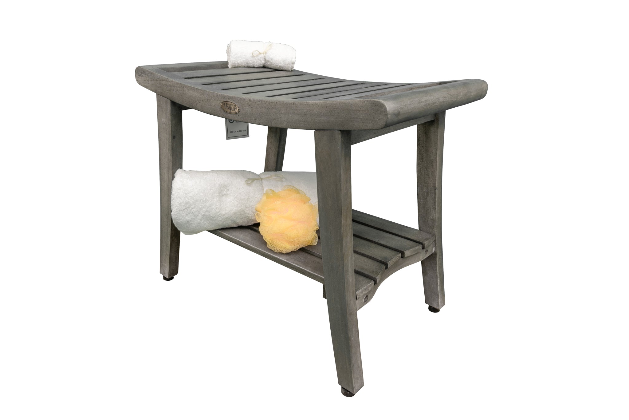 CoastalVogue® Harmony® 24" Teak Wood Shower Bench with Shelf and LiftAide® Arms in Antique Gray Finish