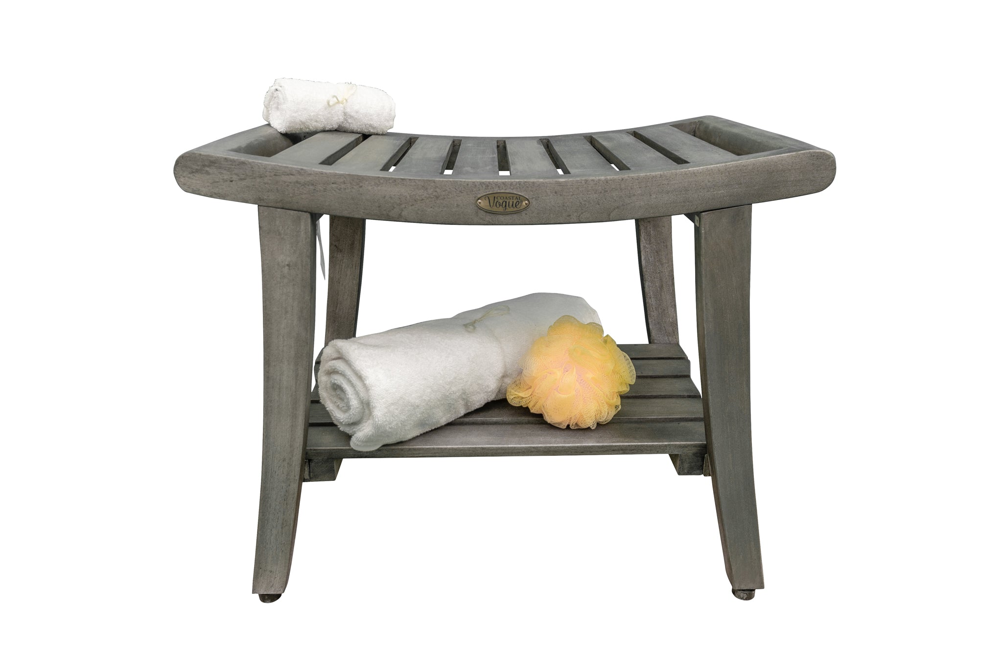 CoastalVogue® Harmony® 24" Teak Wood Shower Bench with Shelf and LiftAide® Arms in Antique Gray Finish