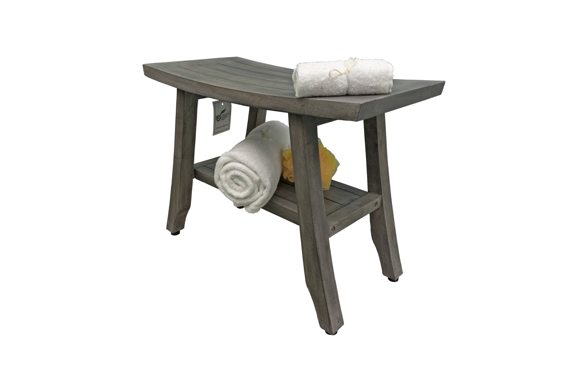 CoastalVouge® Satori® 24" Teak Wood Shower Bench with Shelf in Antique Gray Finish