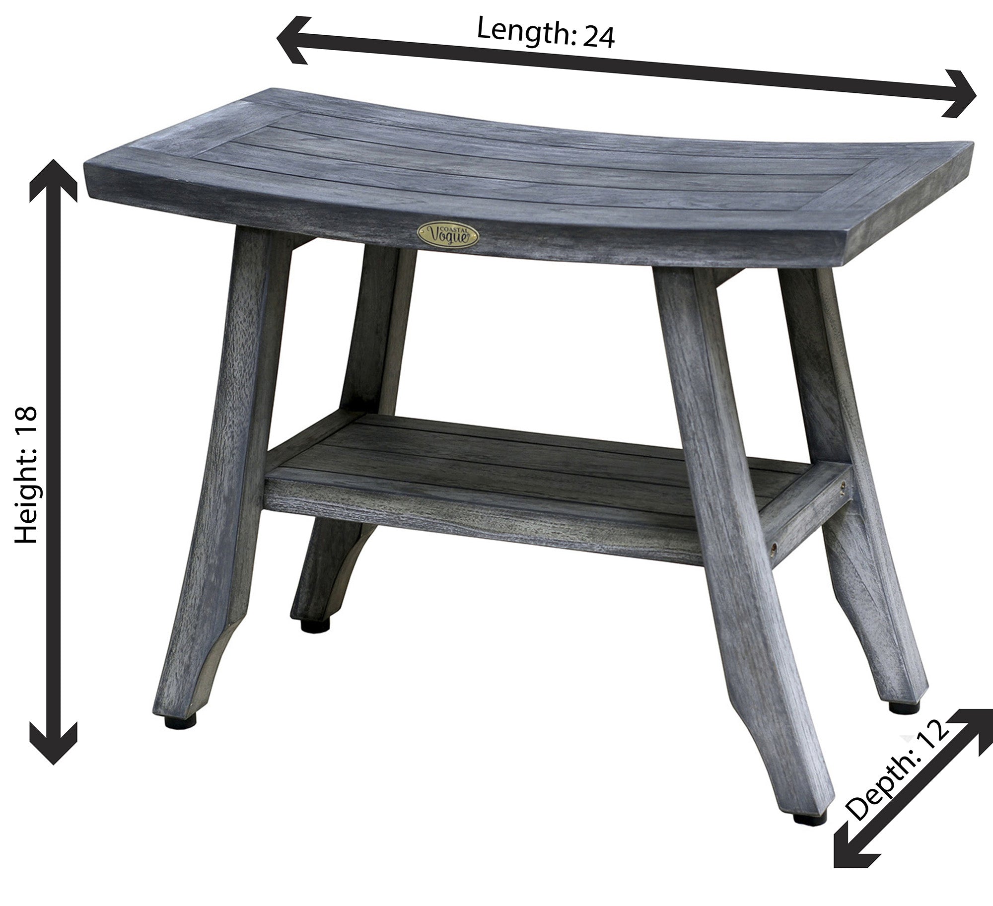 CoastalVouge® Satori® 24" Teak Wood Shower Bench with Shelf in Antique Gray Finish