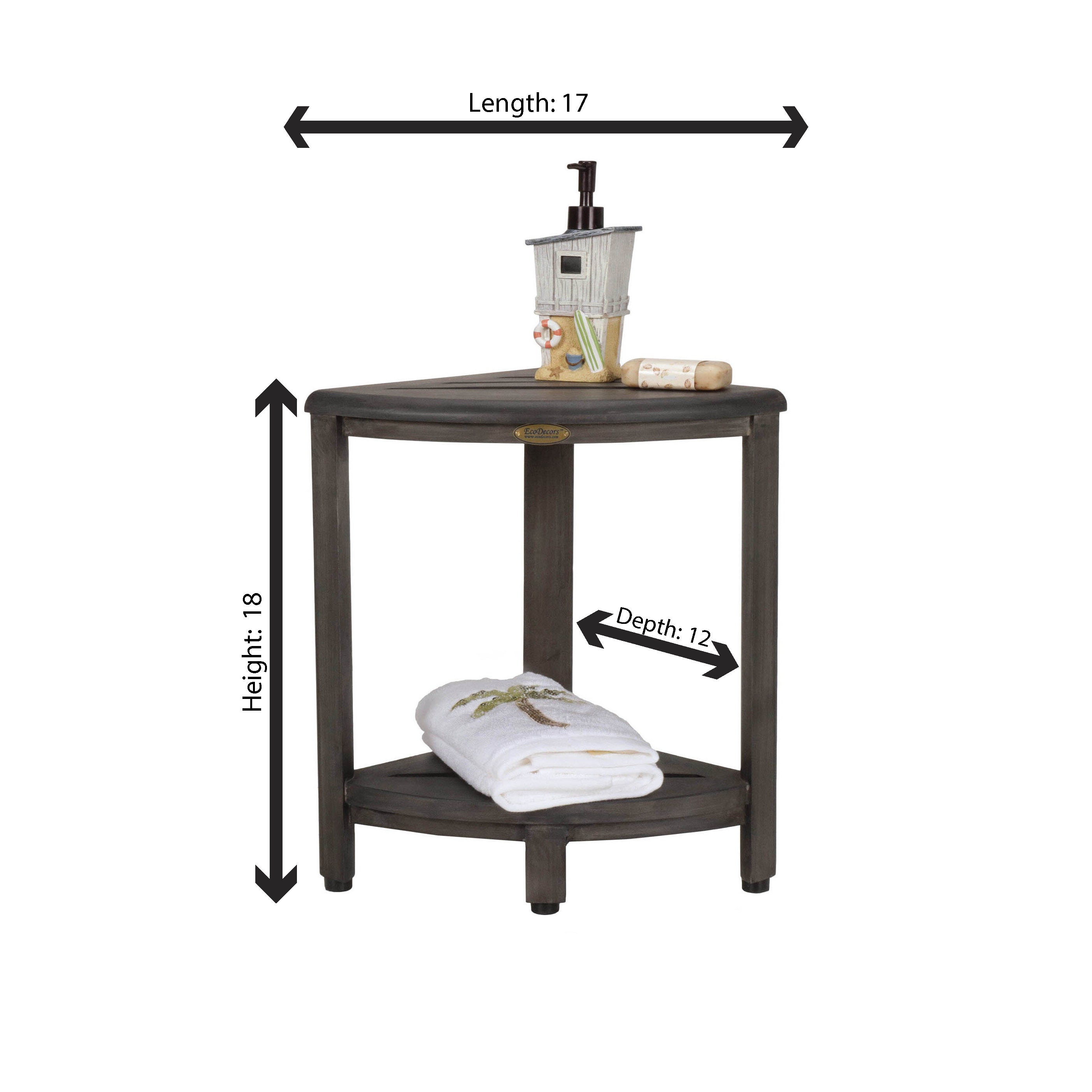CoastalVogue® SnazzyCorner® 18"H Teak Wood Corner Shower Bench with Shelf in Antique Gray Finish