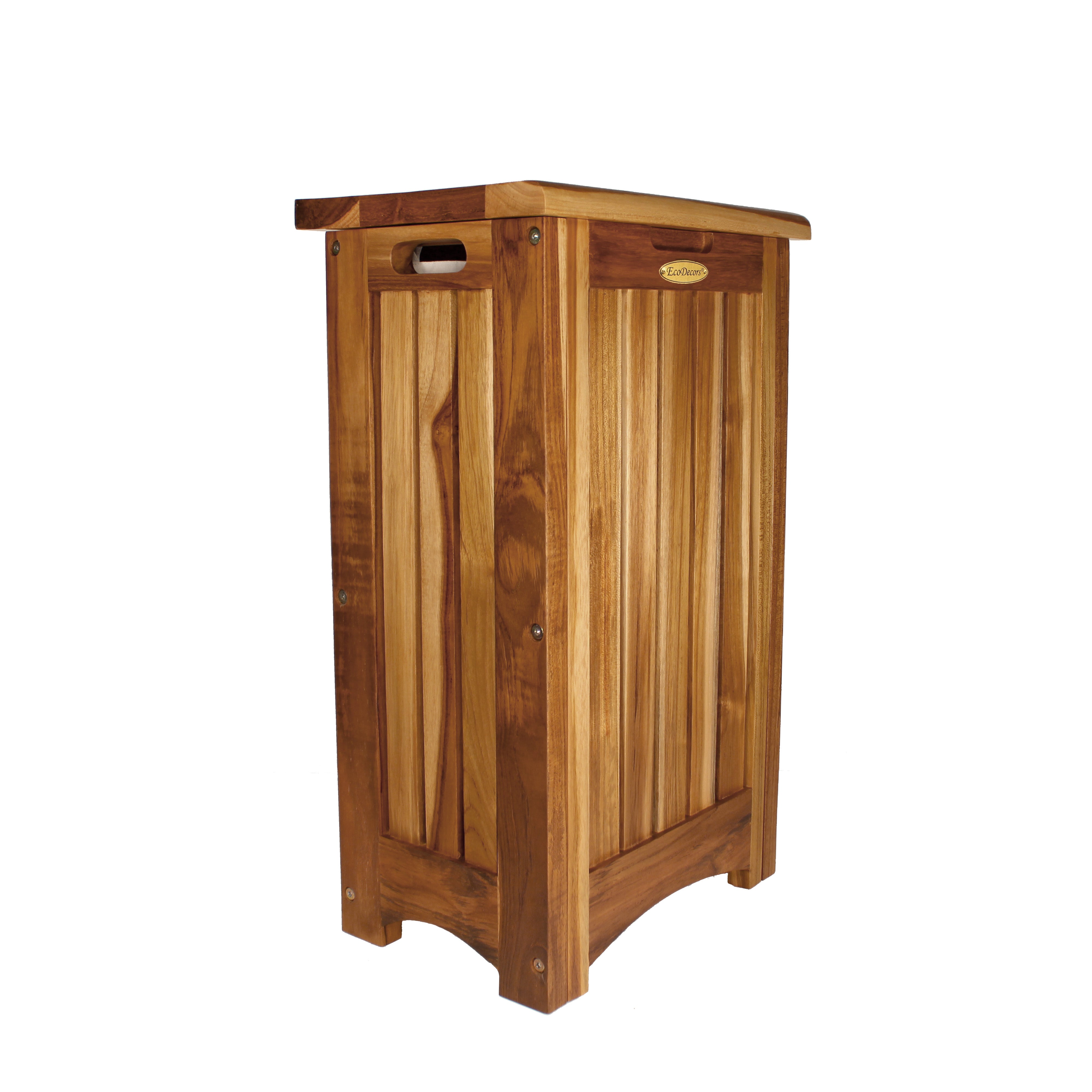 EcoDecors® Eleganto® 24"Teak Wood Double Laundry Storage Hamper with Removable Bags in EarthyTeak Finish & EcoDecors® Eleganto® 9 Piece Teak Wood Bathroom Amenities Set in EarthyTeak® Finish