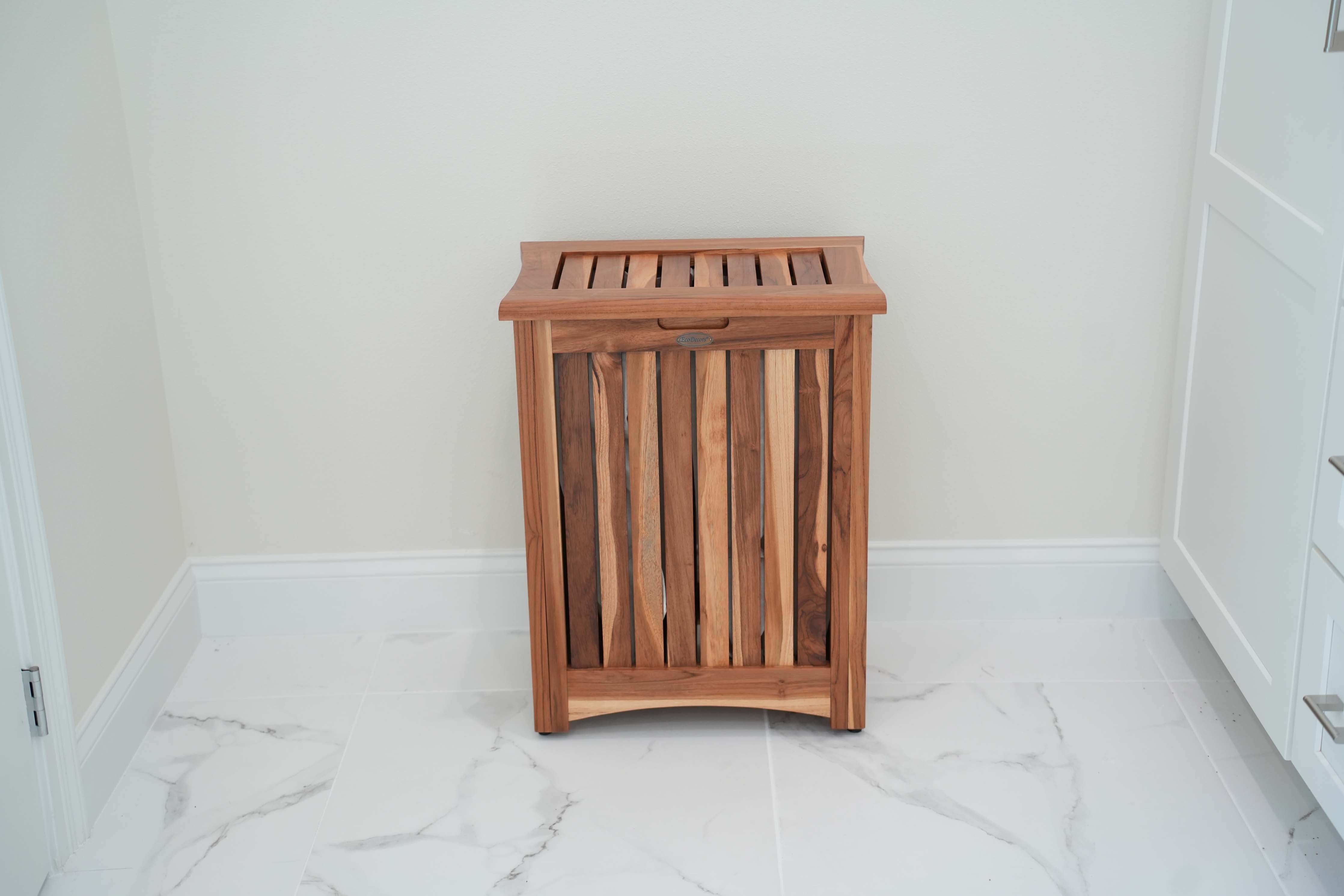 EcoDecors® Eleganto® 24"Teak Wood Compact Double Laundry Storage Hamper with Removable Bags in EarthyTeak Finish