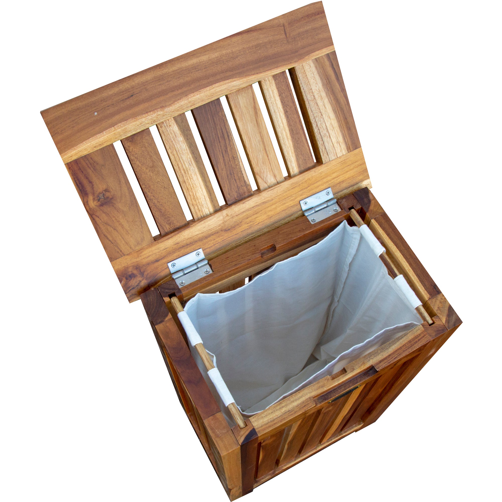 EcoDecors® Eleganto® 24"Teak Wood Double Laundry Storage Hamper with Removable Bags in EarthyTeak Finish & EcoDecors® Eleganto® 9 Piece Teak Wood Bathroom Amenities Set in EarthyTeak® Finish