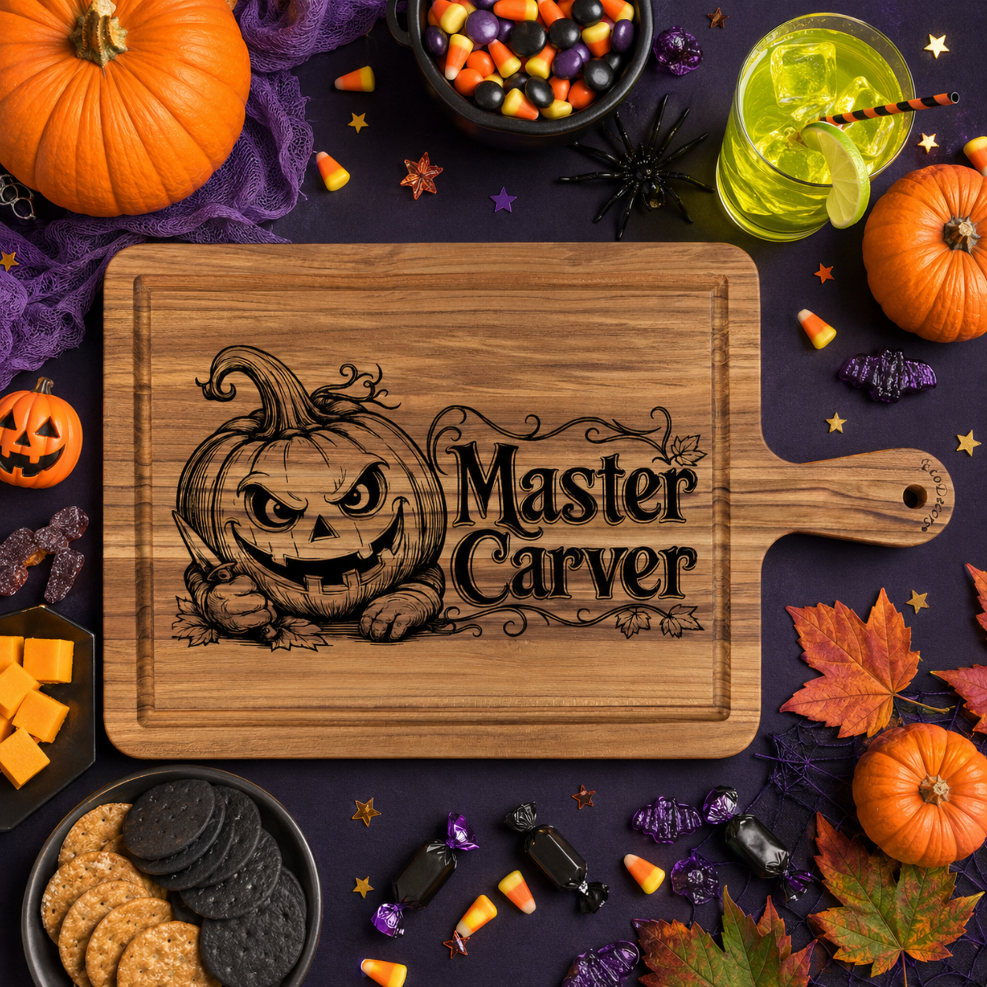 Master Carver Halloween Charcuterie Board – Engraved Jack-O’-Lantern Serving Board