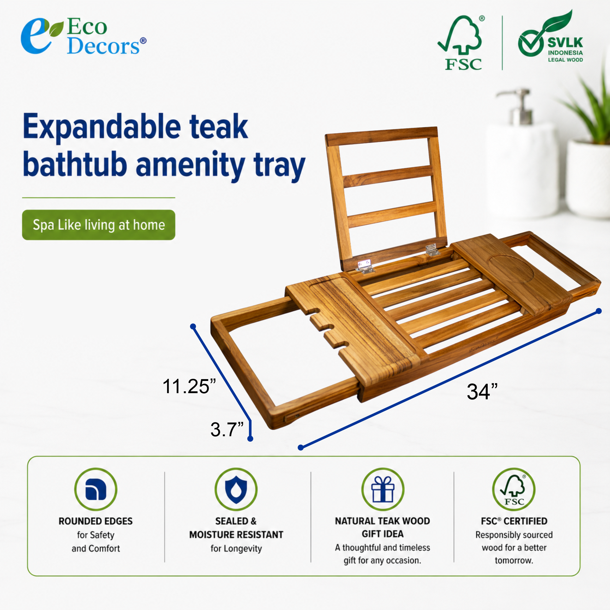 EcoDecors Expandable Teak Bathtub Tray Caddy – Adjustable Wooden Bath Tub Tray with Wine Glass Holder, Book & Tablet Stand, Spa Bath Caddy Organizer, Waterproof Solid Teak Bath Shelf