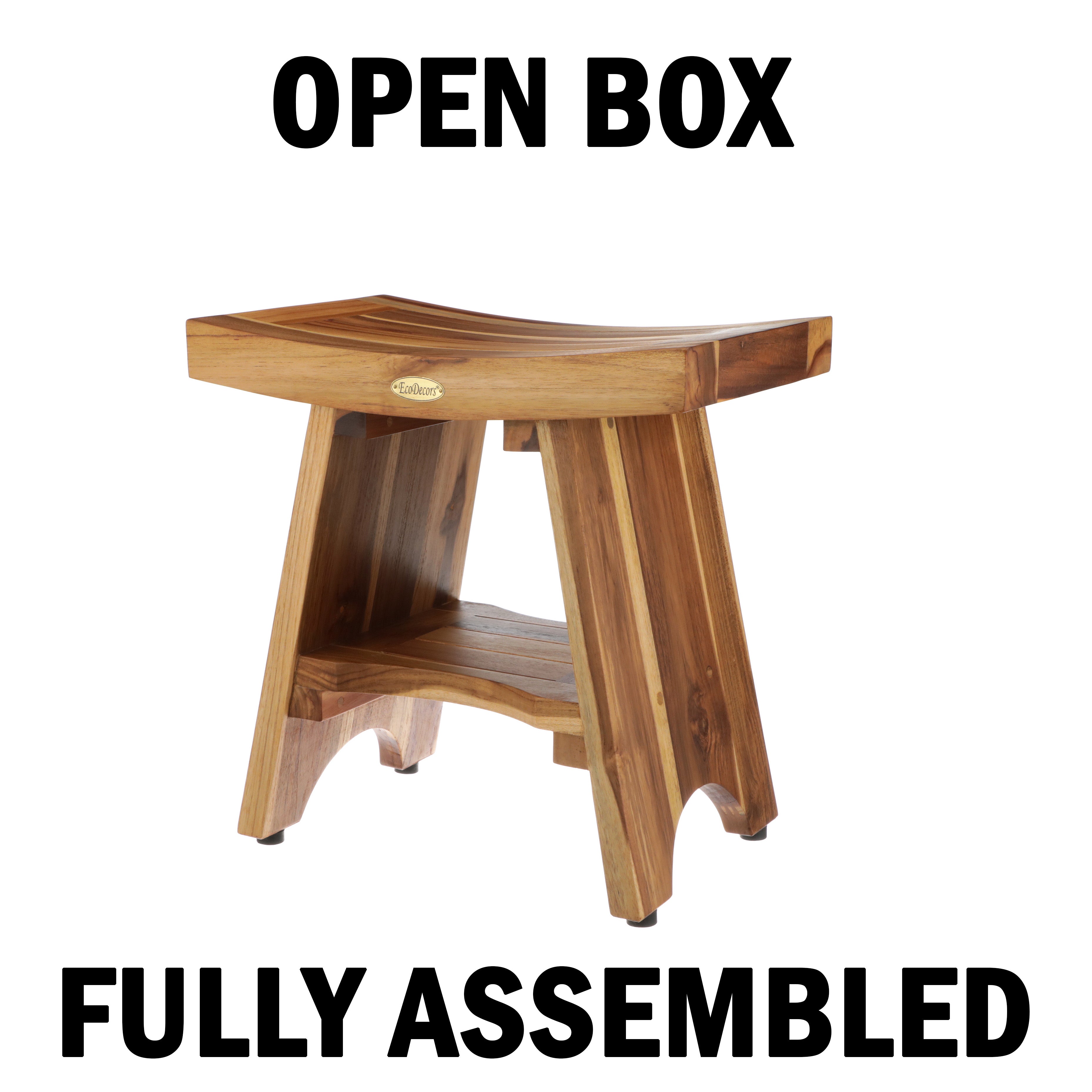 OPEN BOX, FULLY ASSEMBLED EcoDecors® Serenity® 18" Teak Wood Shower Bench with Shelf in EarthyTeak Finish, Water-Resistant, Compact Bathroom & Shower Seat