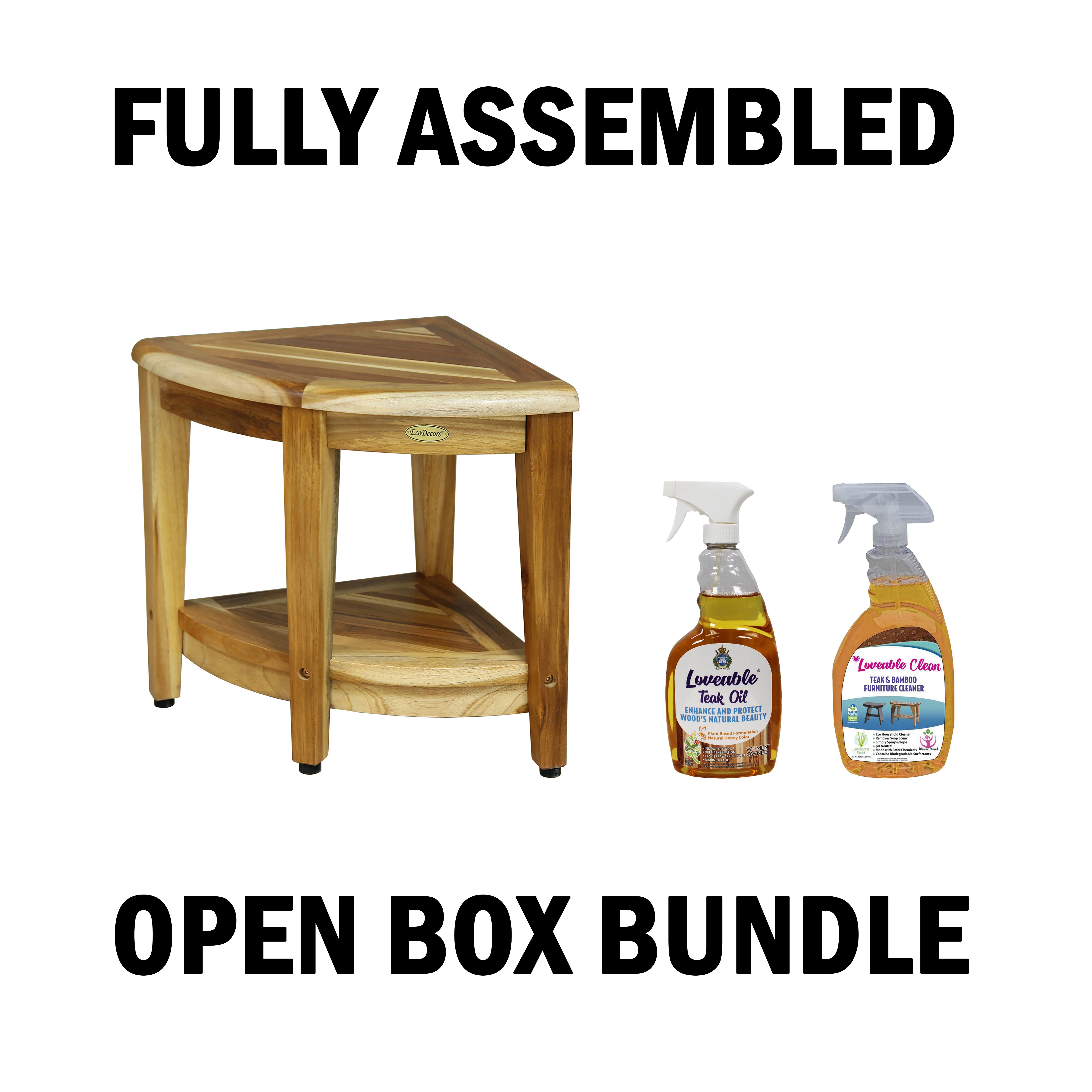 OPEN BOX, FULLY ASSEMBLED EcoDecors SnazzyCorner 18" Teak Shower Bench, 300 lb Capacity, Fully Assembled + Loveable 2 Pack Care Bundle