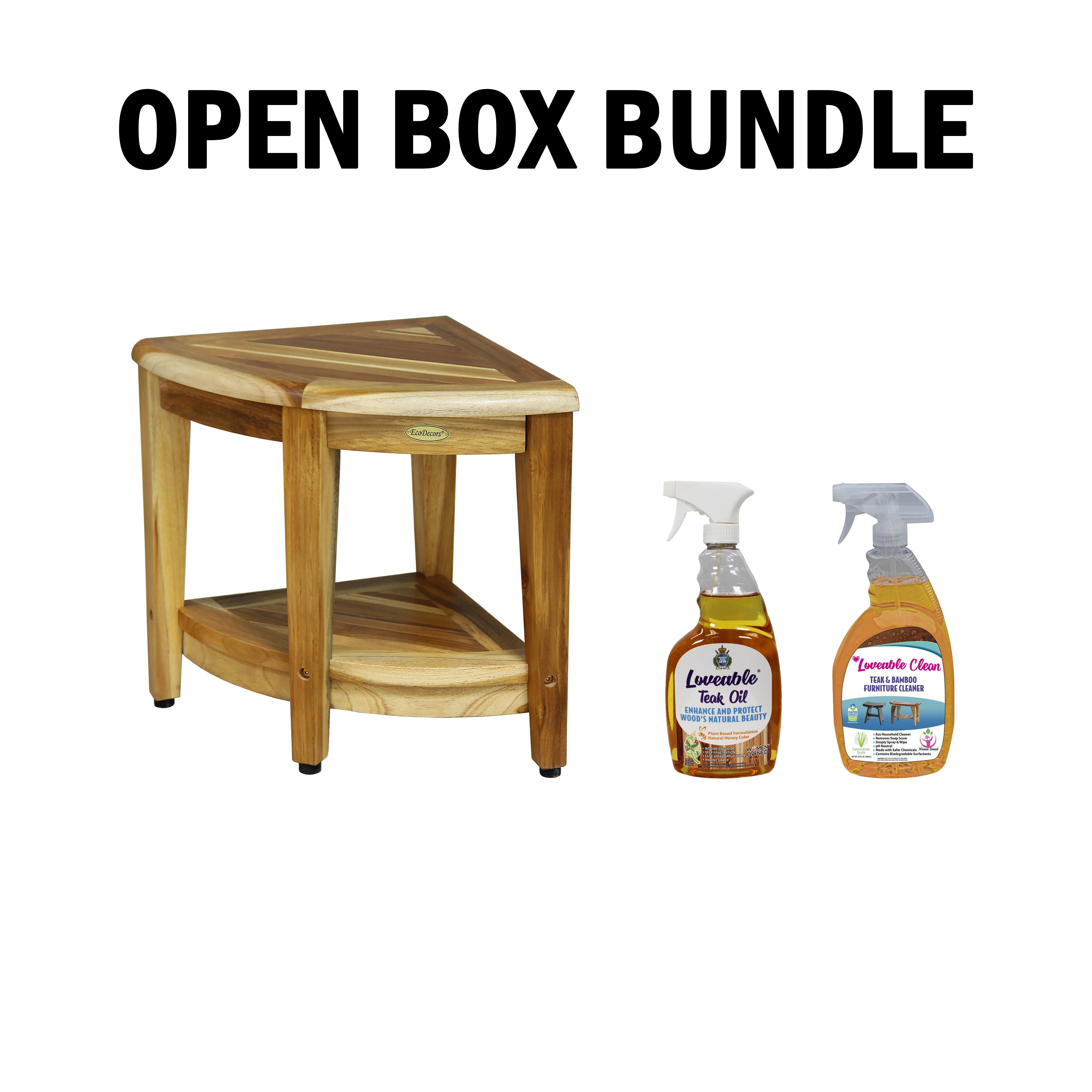OPEN BOX EcoDecors SnazzyCorner 18" Teak Shower Bench, 300 lb Capacity, Fully Assembled + Loveable 2 Pack Care Bundle