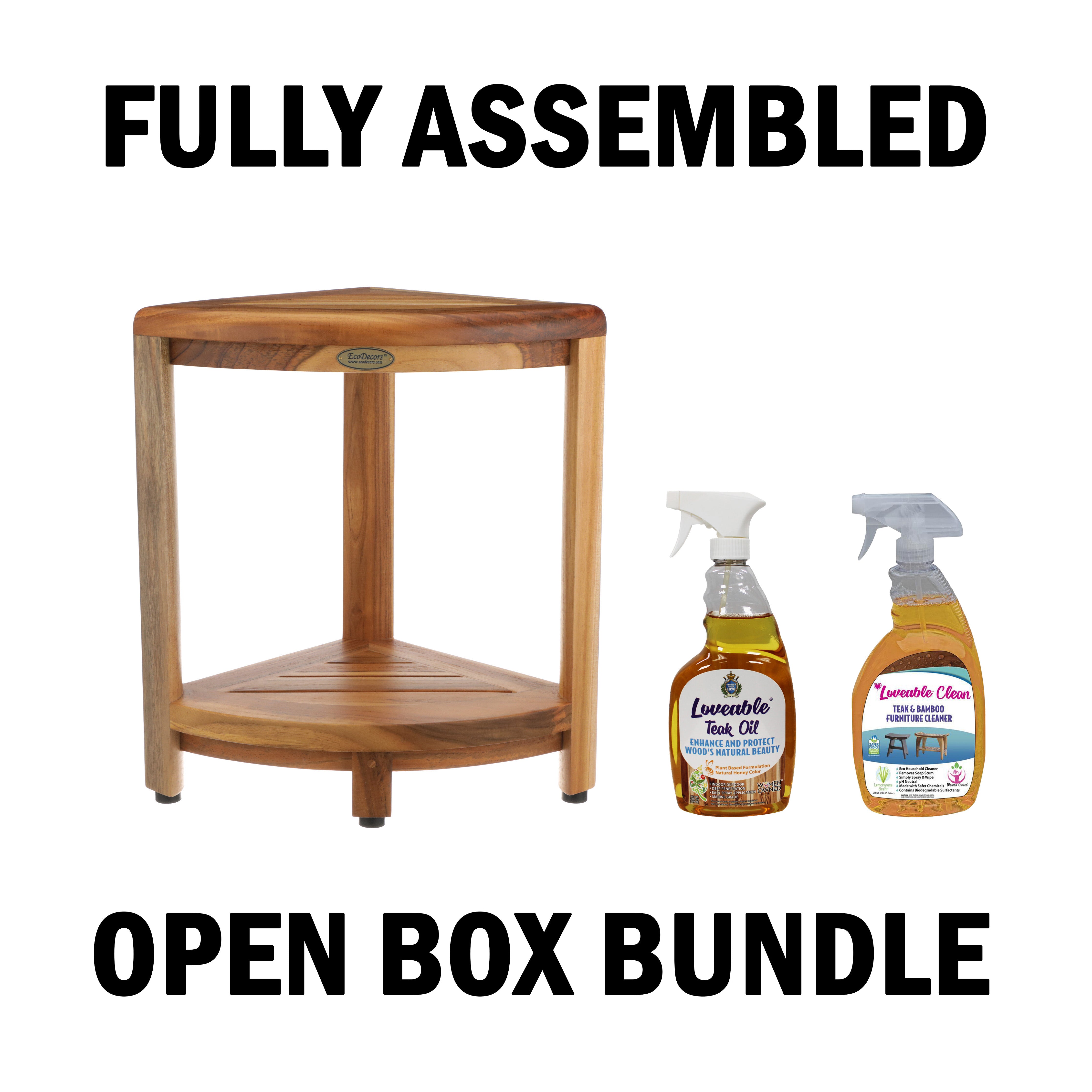 OPEN BOX, FULLY ASSEMBLED EcoDecors SnazzyCorner 18" Teak Wood Corner Shower Shelf, Fully Assembled | Loveable Two Pack Bundle