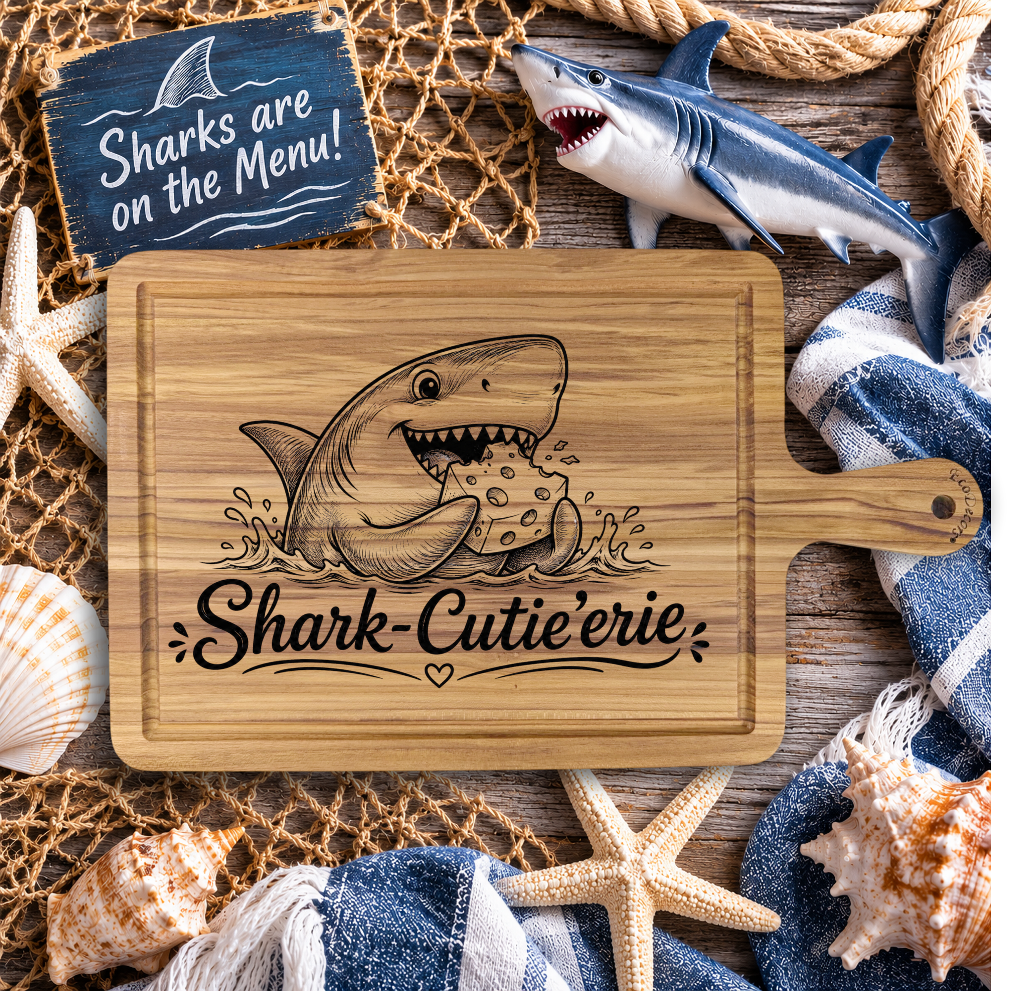 Funny Shark Charcuterie Board with Laser Engraved Shark Design