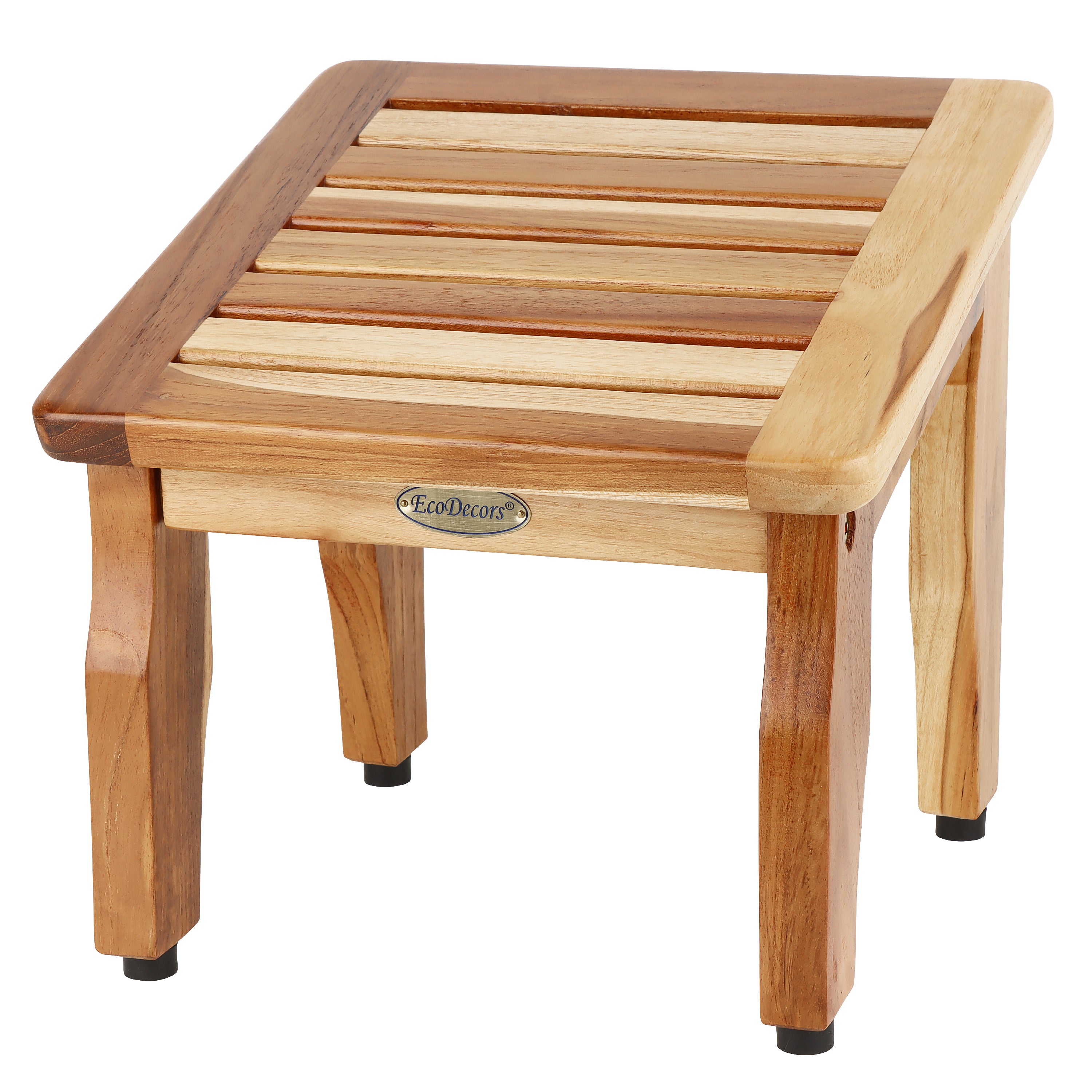 EcoDecors® Shoji® 18" Teak Wood Shower Stool with 12" Round Seat in EarthyTeak Finish - EcoDecors® Eleganto® 12” Teak Bathroom Shaving Foot Rest