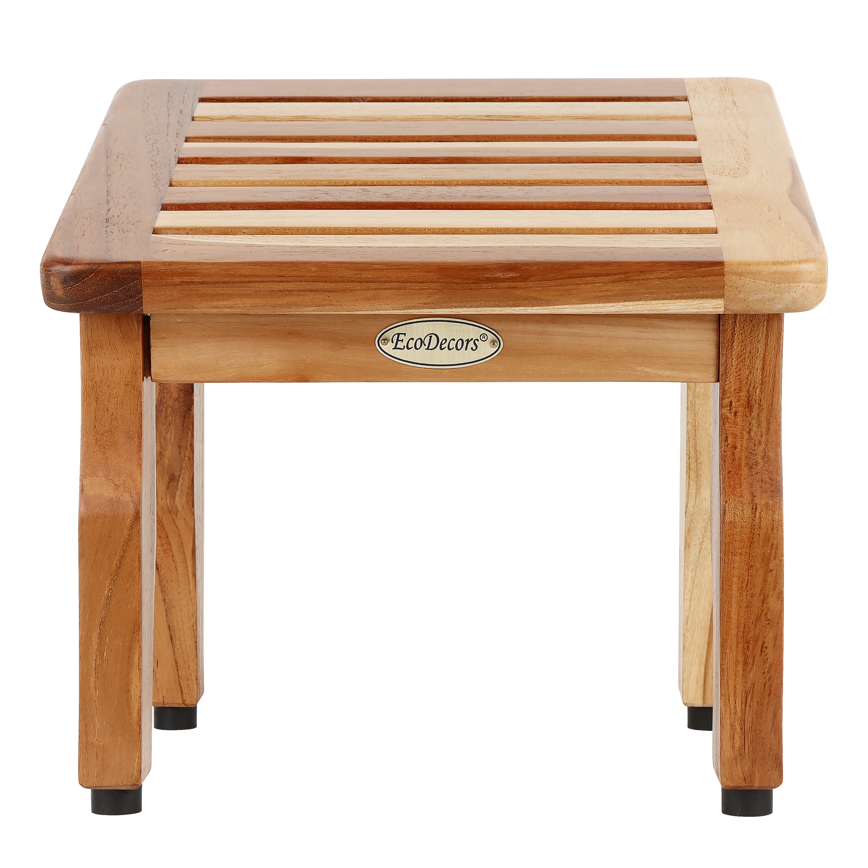 EcoDecors® Shoji® 18" Teak Wood Shower Stool with 12" Round Seat in EarthyTeak Finish - EcoDecors® Eleganto® 12” Teak Bathroom Shaving Foot Rest