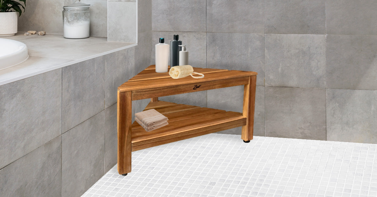 Zen® Acacia Wood 28” Corner Shower Bench With Shelf