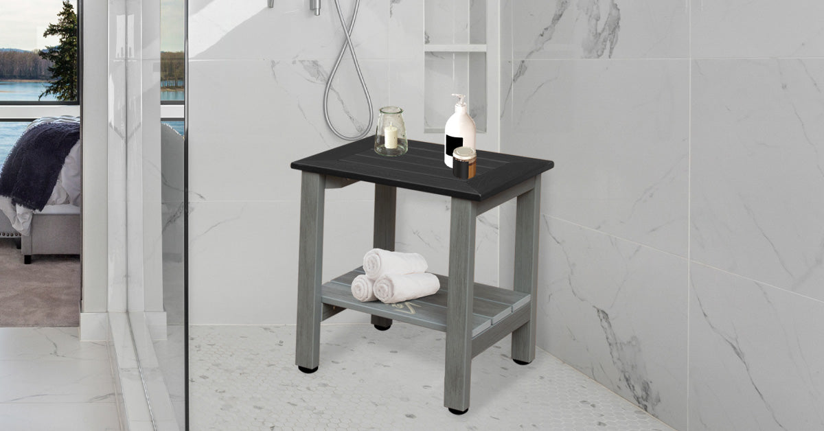 Zen® Gray Frame-Black Seat Faux Wood Shower Bench