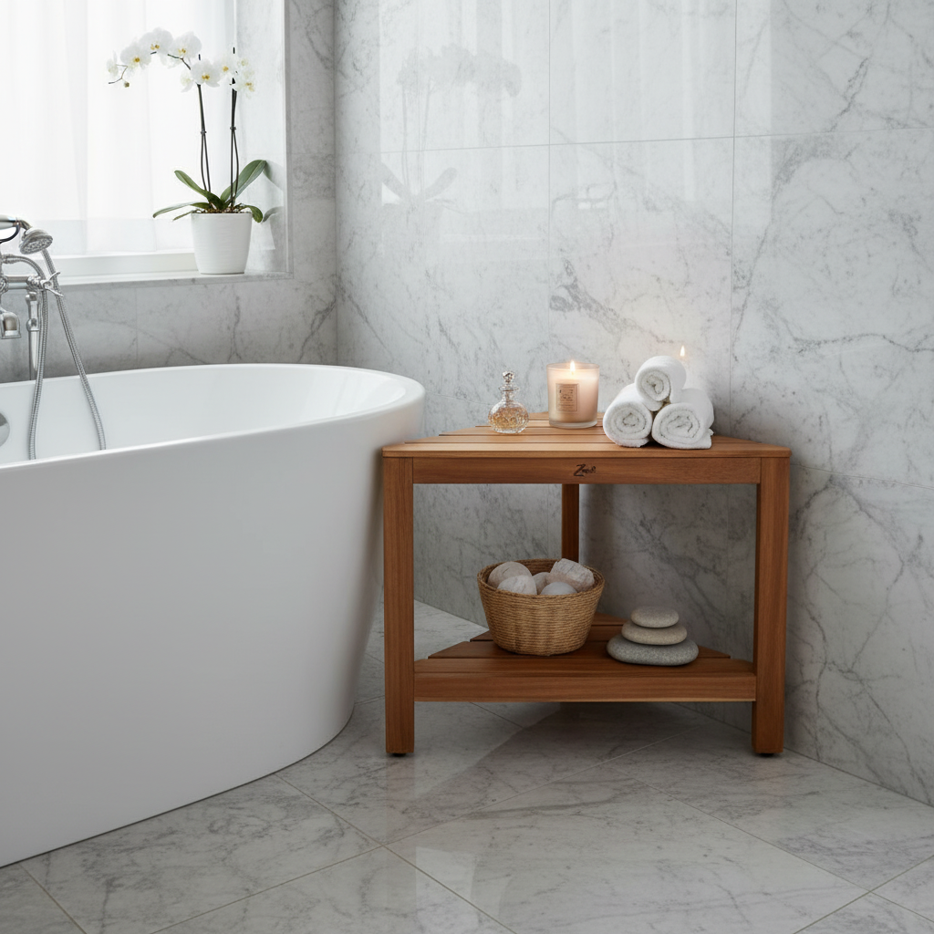 Zen® 18"H Acacia Wood Corner 2 Tier Shower Shelf & Shaving Stand