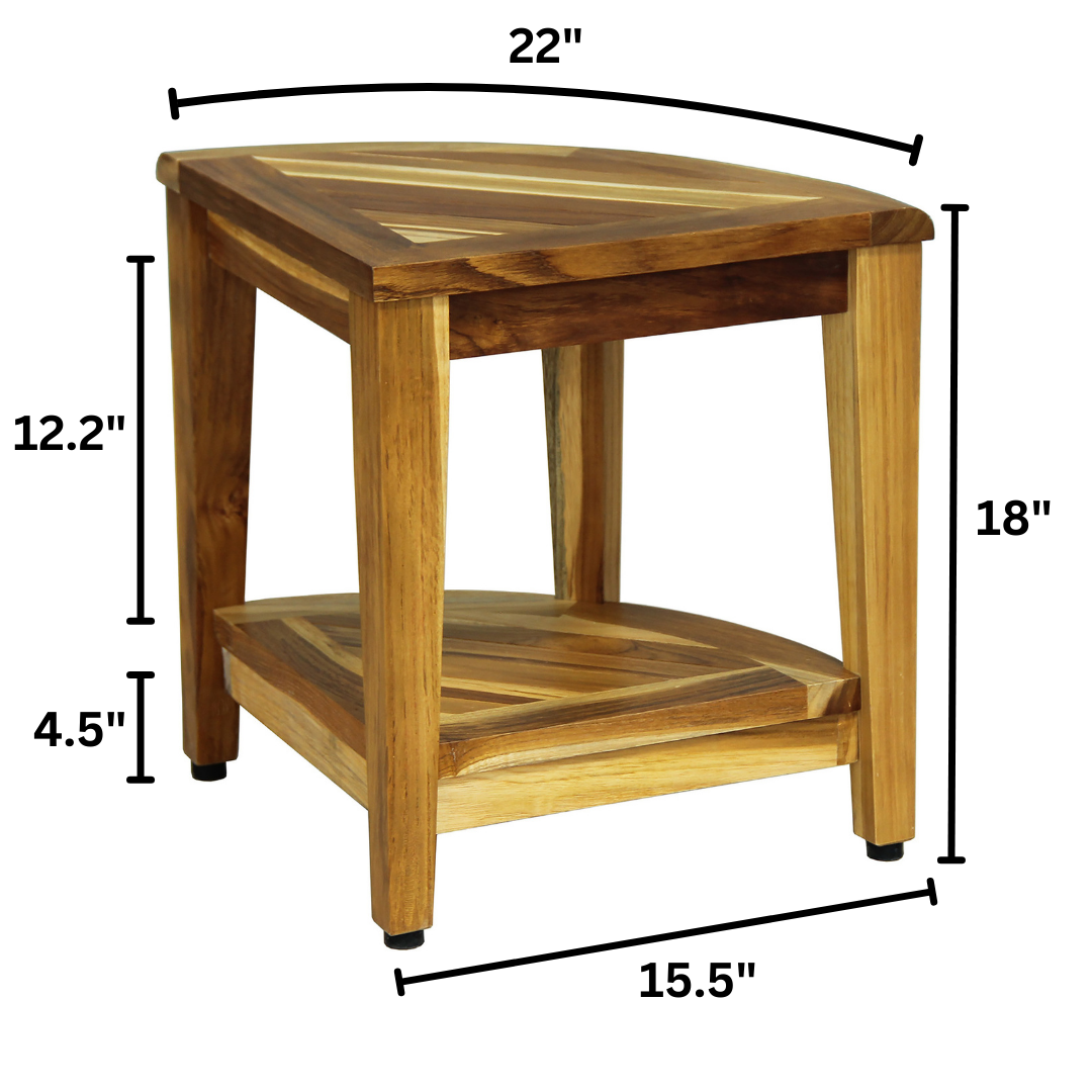 EcoDecors® SnazzyCorner® 18" H Wide Teak Wood Corner Shower Bench with Shelf in EarthyTeak Finish, Fully Assembled, 300LB Capacity