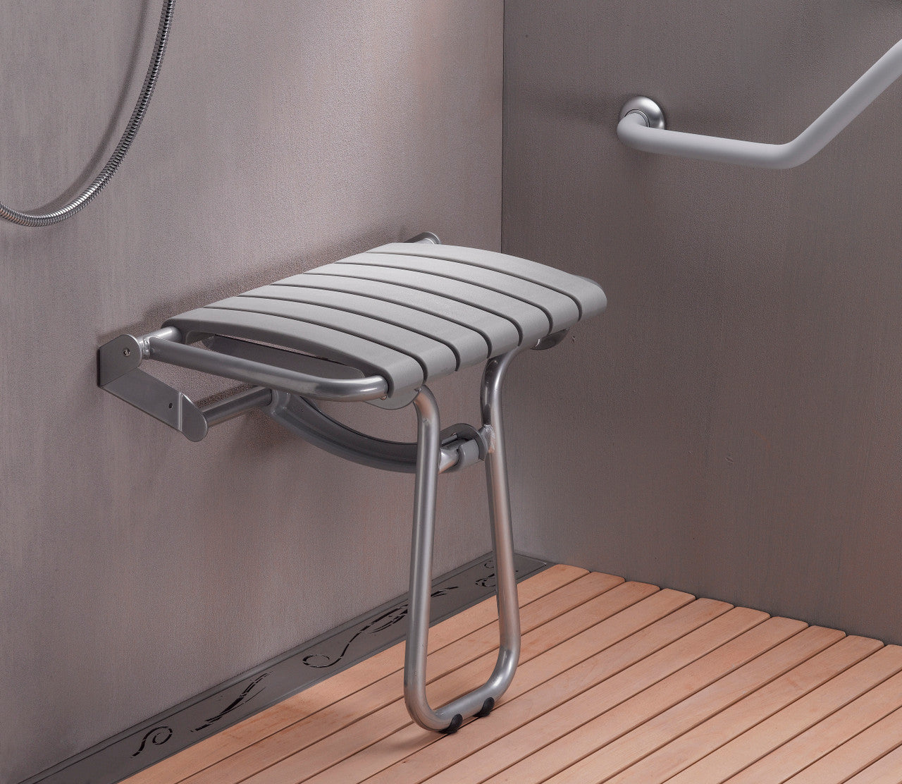 23" Eleganto Lunar Gray Foldaway Wall Mount handicap Shower Seat with Integrated Support Stand