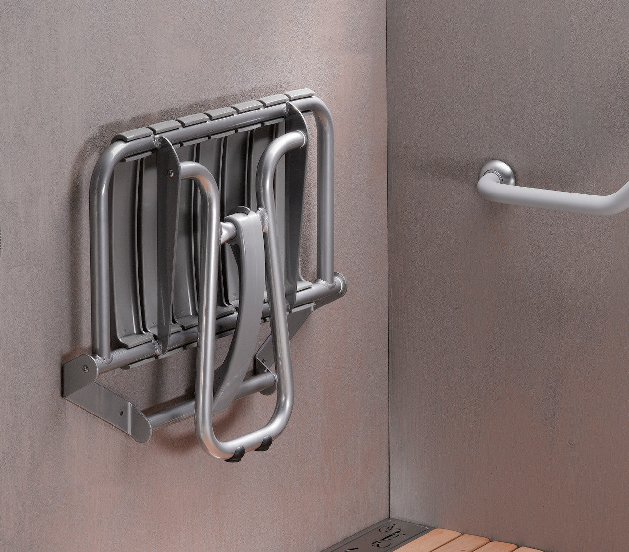 23" Eleganto Lunar Gray Foldaway Wall Mount handicap Shower Seat with Integrated Support Stand